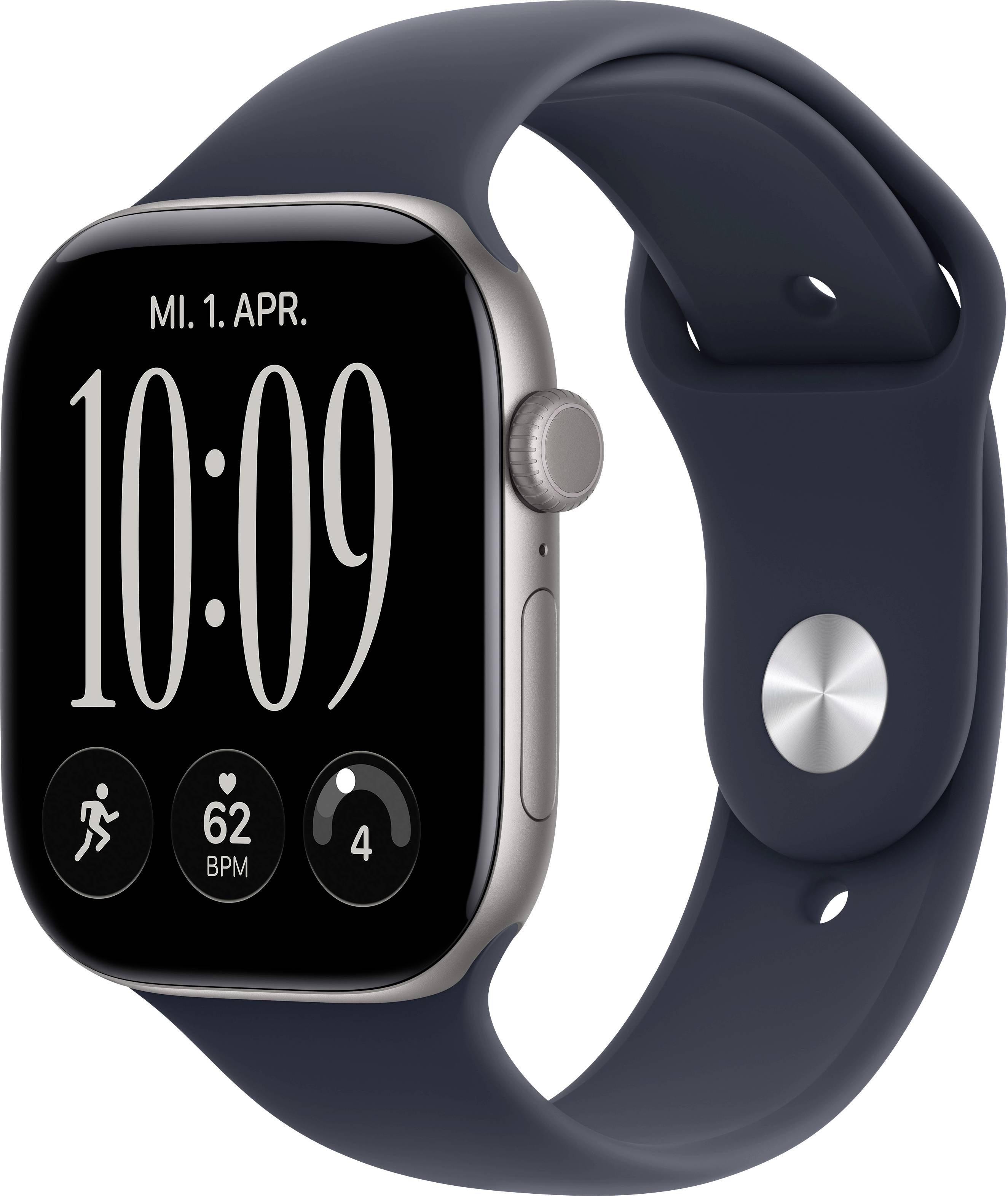 Apple Watch mit dunkelblauem Sportarmband, auf dem Display 10:09 angezeigt, 