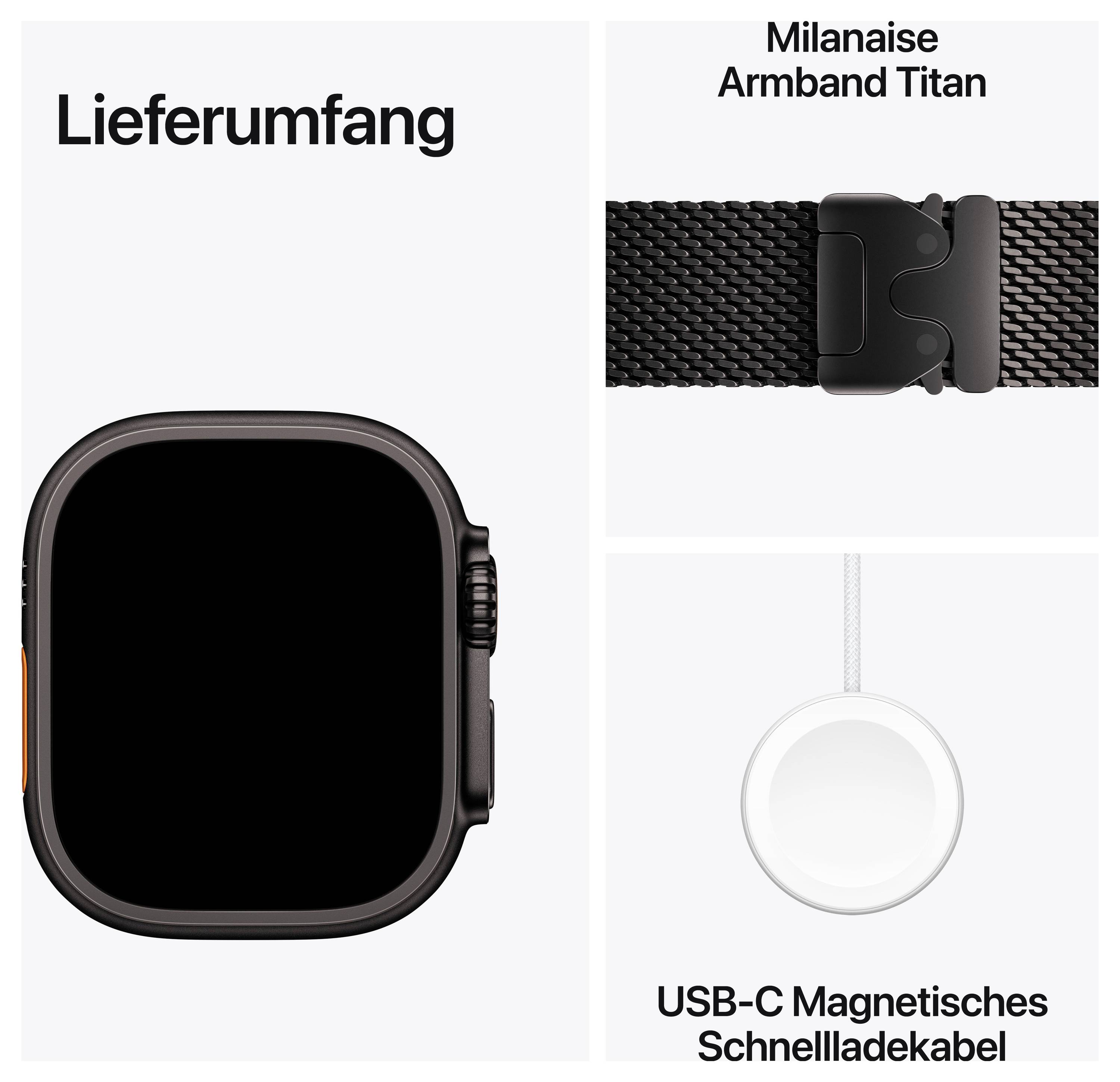 Produktübersicht des Lieferumfangs: Smartwatch, Milanaise-Armband Titan und USB-C magnetisches Schnellladekabel.