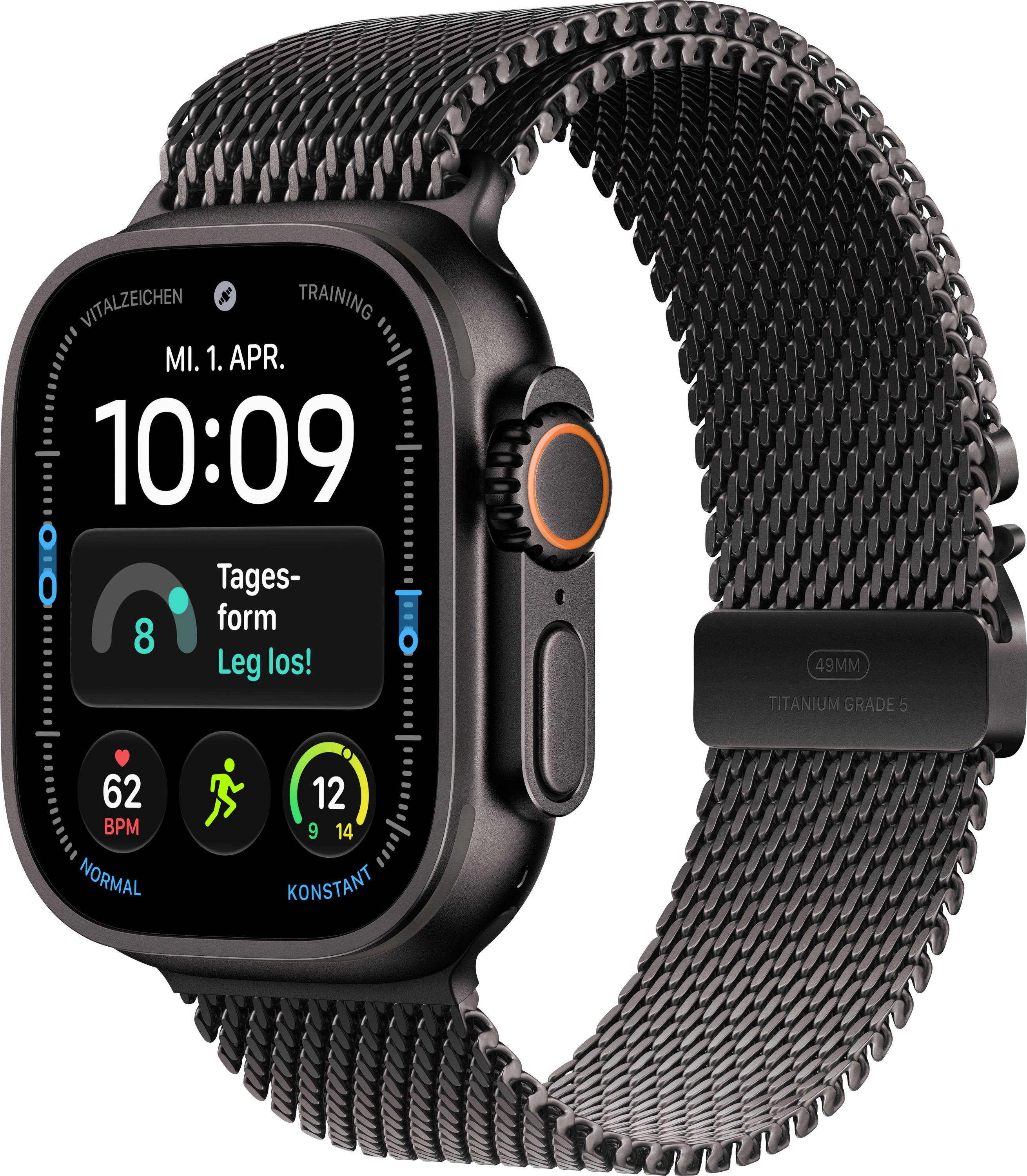Schwarze Smartwatch mit Metallmaschengurt, zeigt Fitness-Dashboard, Zeit 10:09, Datum „MI. 1. APR.