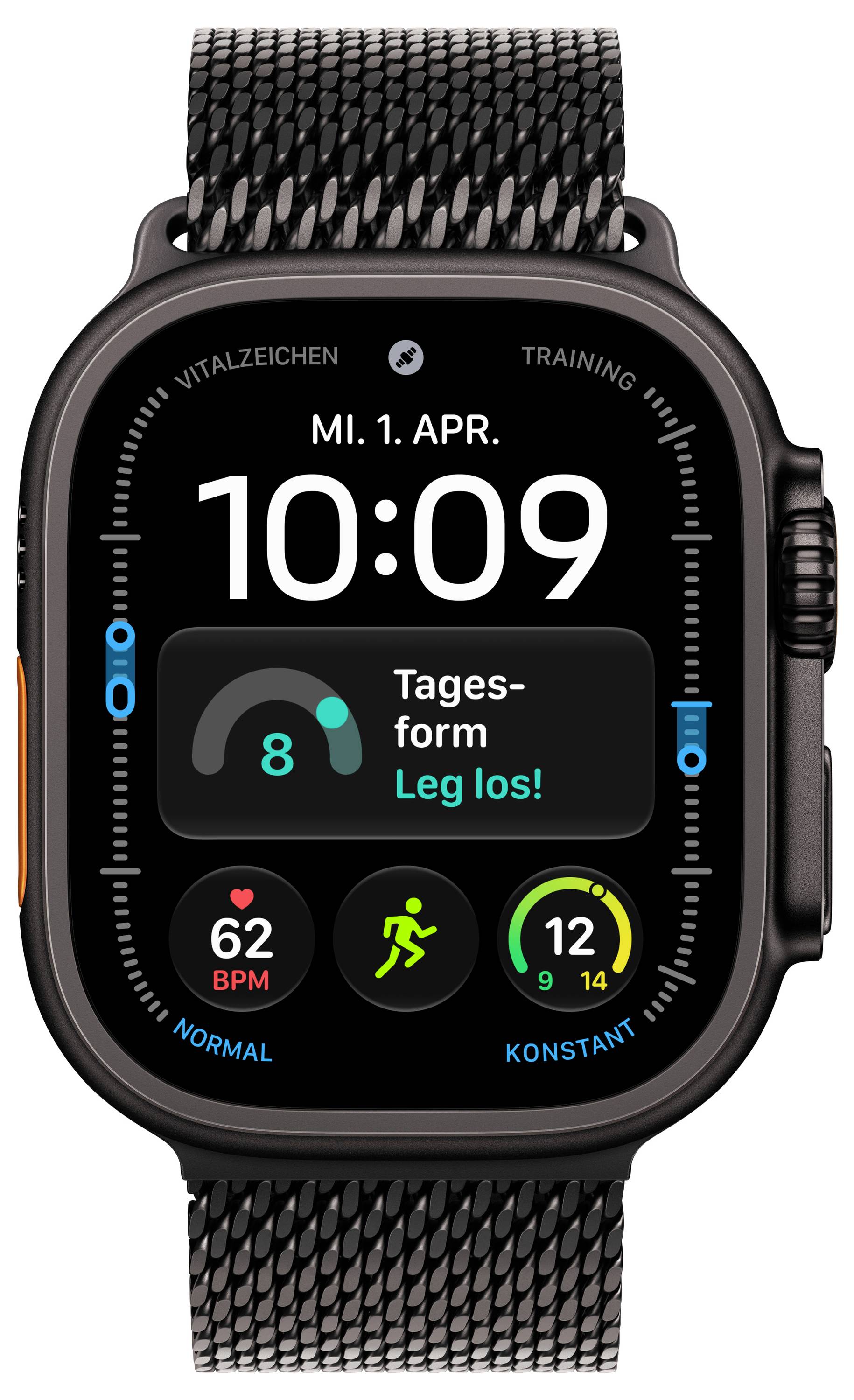 Apple Watch zeigt Fitness-Dashboard um 10:09 am Dienstag, 1. Apr., mit Herzfrequenz 62 BPM, Aktivitätsringe und Warnung „Tagesform Leg los!".