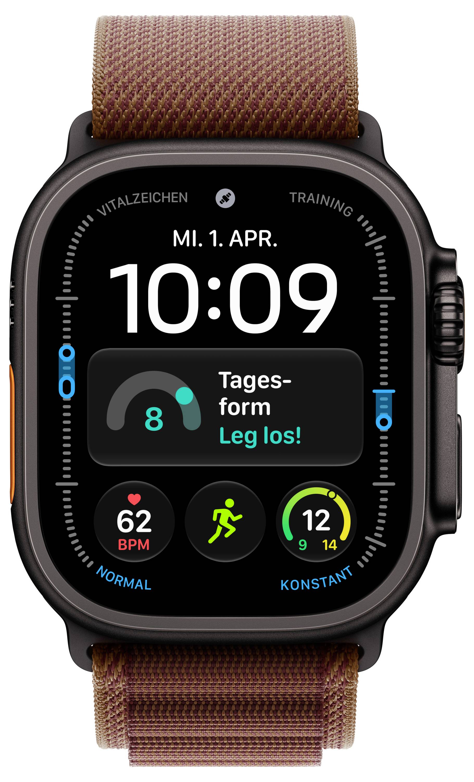 Apple Watch mit dem trainingsorientierten Zifferblatt, das die Uhrzeit 10:09, das Datum „MI. 1. APR.", die Herzfrequenz 62 BPM und Aktivitätsringe auf Deutsch anzeigt.
