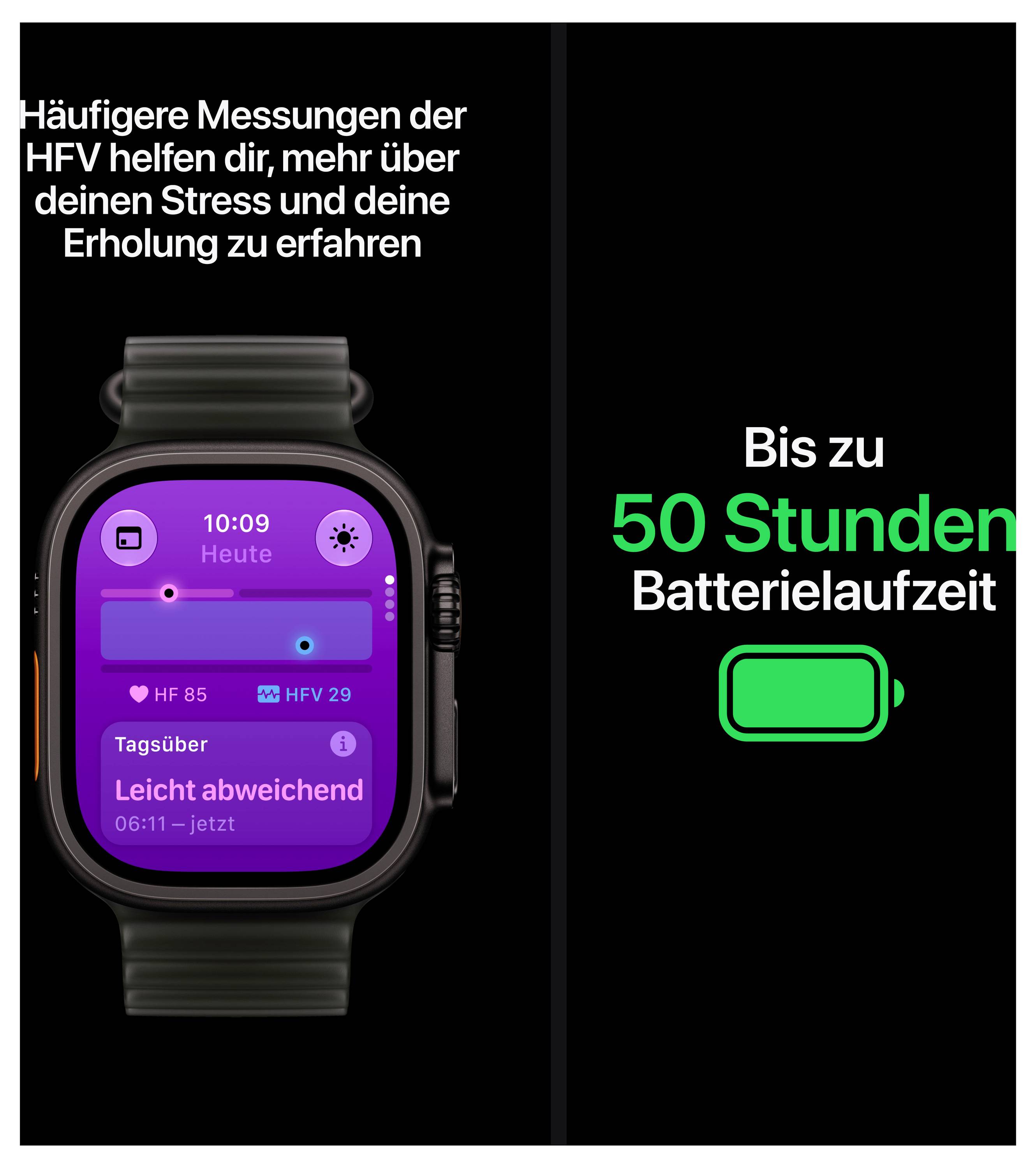 Werbegrafik einer Smartwatch: links Hinweis auf HFV-Messungen für Stress und Erholung, rechts 'Bis zu 50 Stunden Batterielaufzeit' mit Akku-Symbol.
