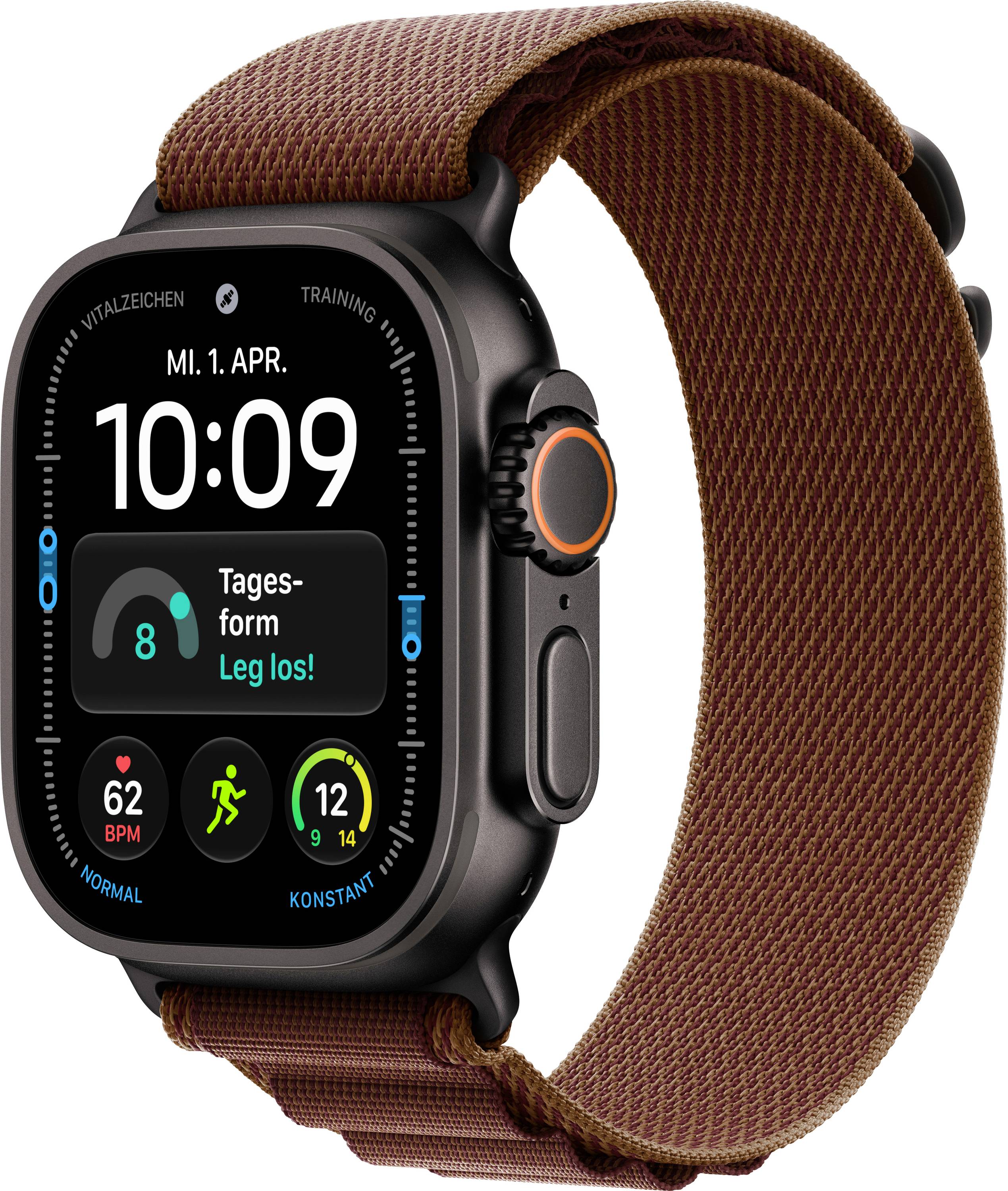Schwarze Smartwatch mit braunem Webband, die ein Fitness-Dashboard und die Zeit 10:09 anzeigt, einschließlich Datum „MI.1.APR.