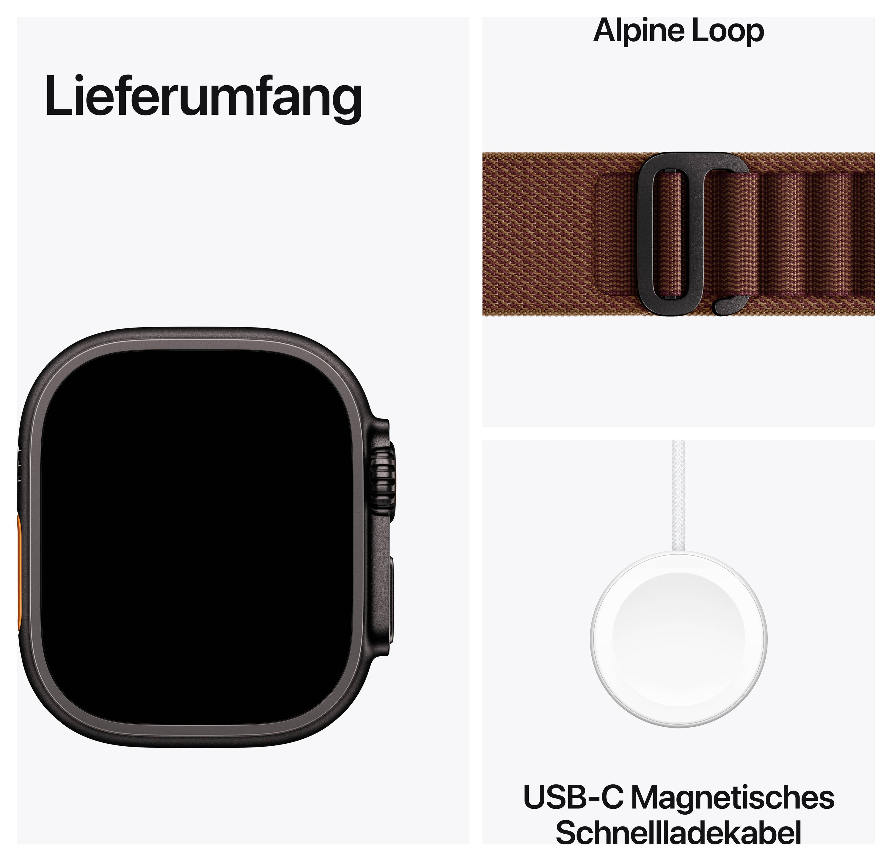 Lieferumfang eines Smartwatches: Uhrgehäuse, Alpine Loop und USB‑C magnetisches Schnellladekabel.
