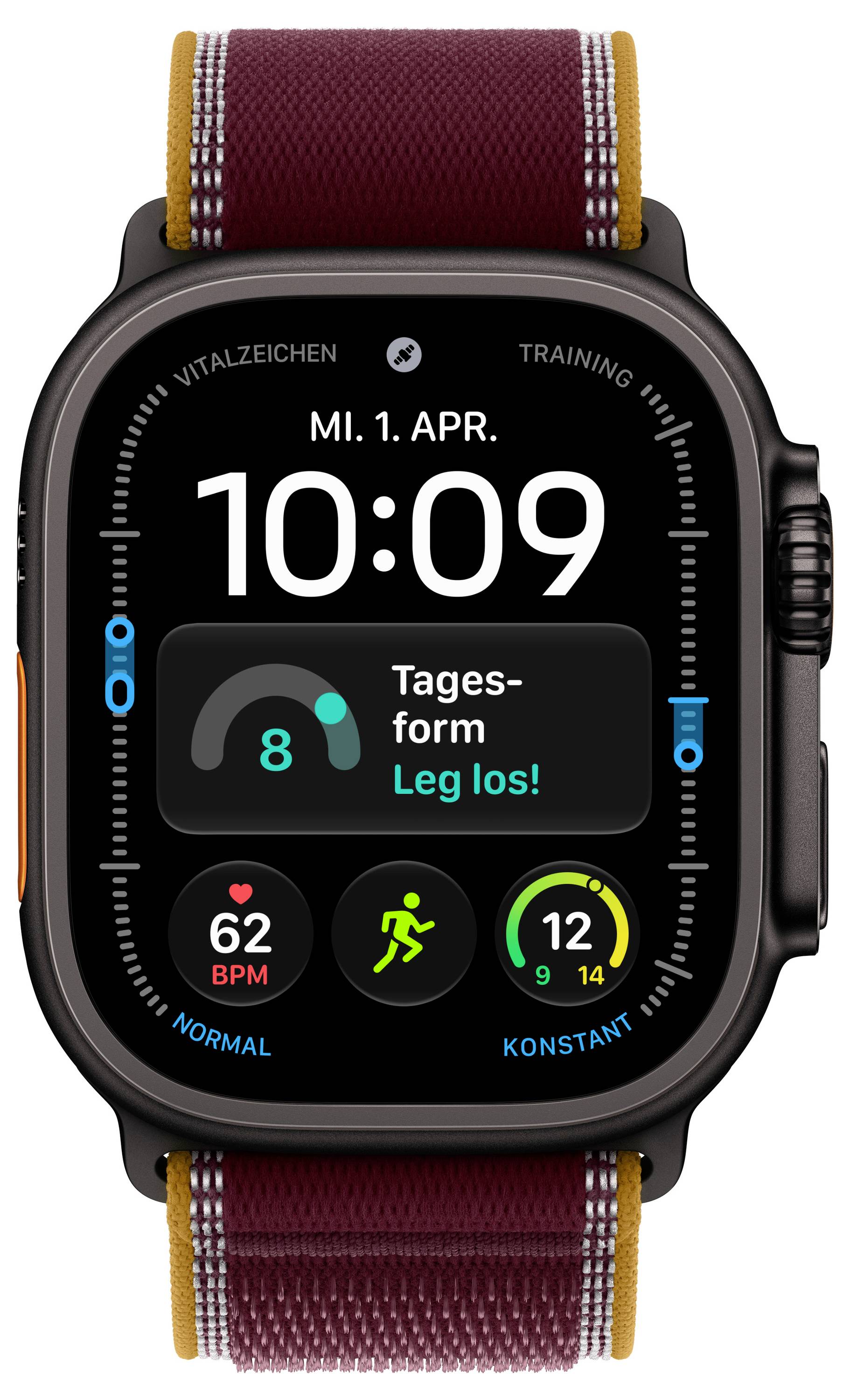 Apple Watch mit einer „Tagesform"-Fitnesanzeige, die 10:09 an Mi. 1. Apr. anzeigt, Herzfrequenz 62 BPM und Trainings-/Aktivitätsringe.