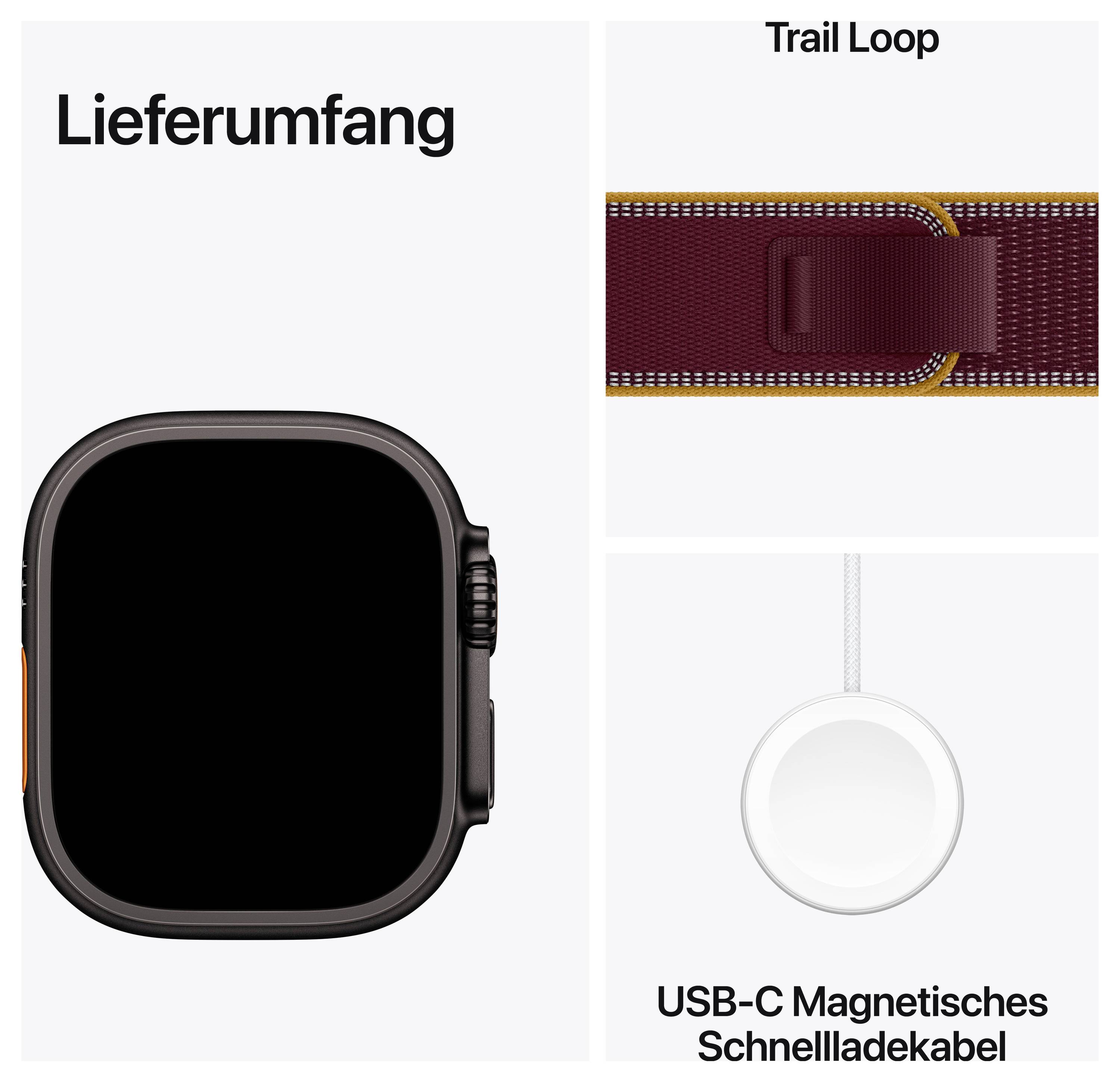 Übersicht des Lieferumfangs: Smartwatch, Trail Loop-Armband und USB-C magnetisches Schnellladekabel.