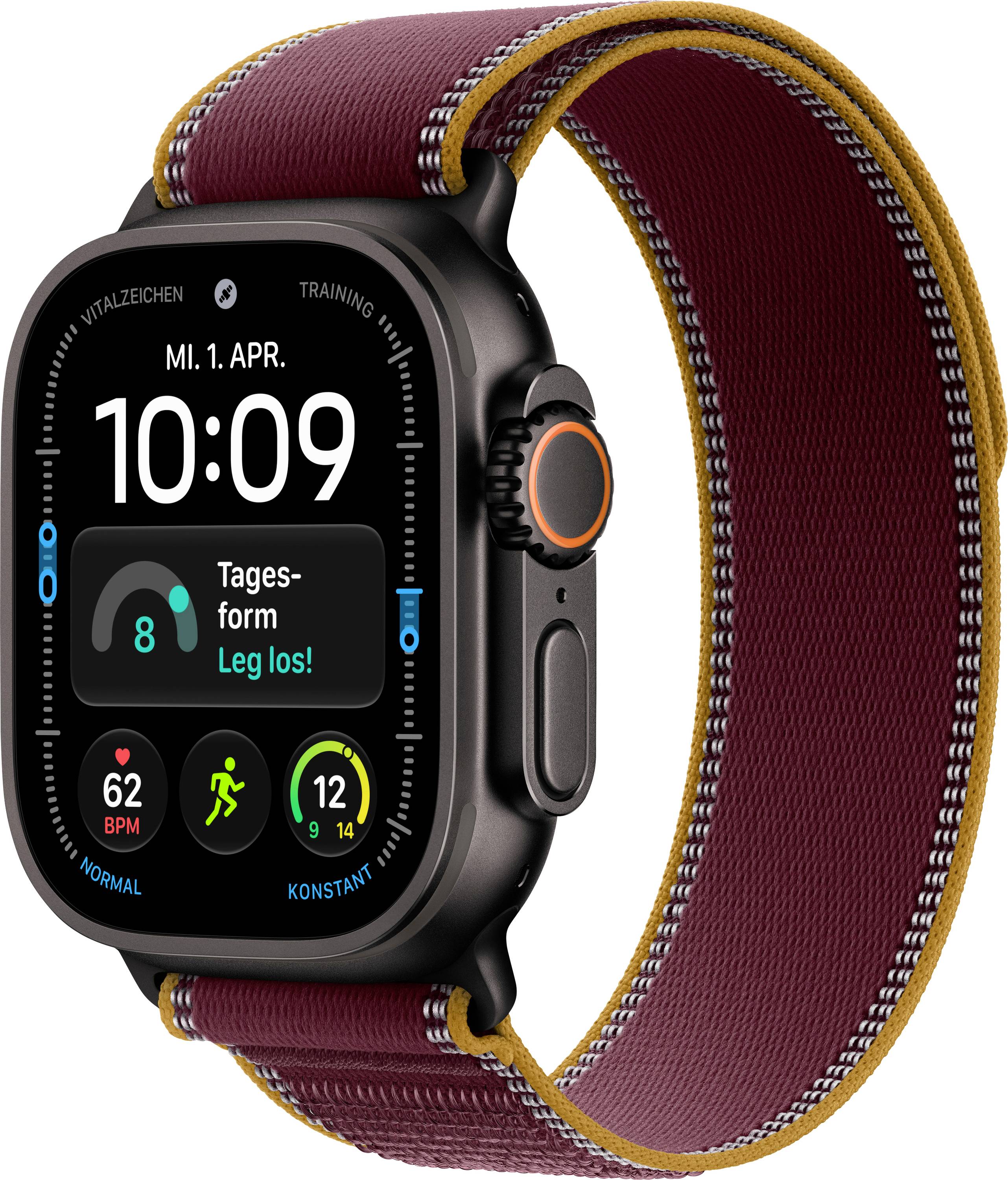 Smartwatch mit bordeauxrotem gewebtem Armband, das ein Fitness-ähnliches Zifferblatt zeigt, Uhrzeit 10:09, Datum „MI. 1. APR.