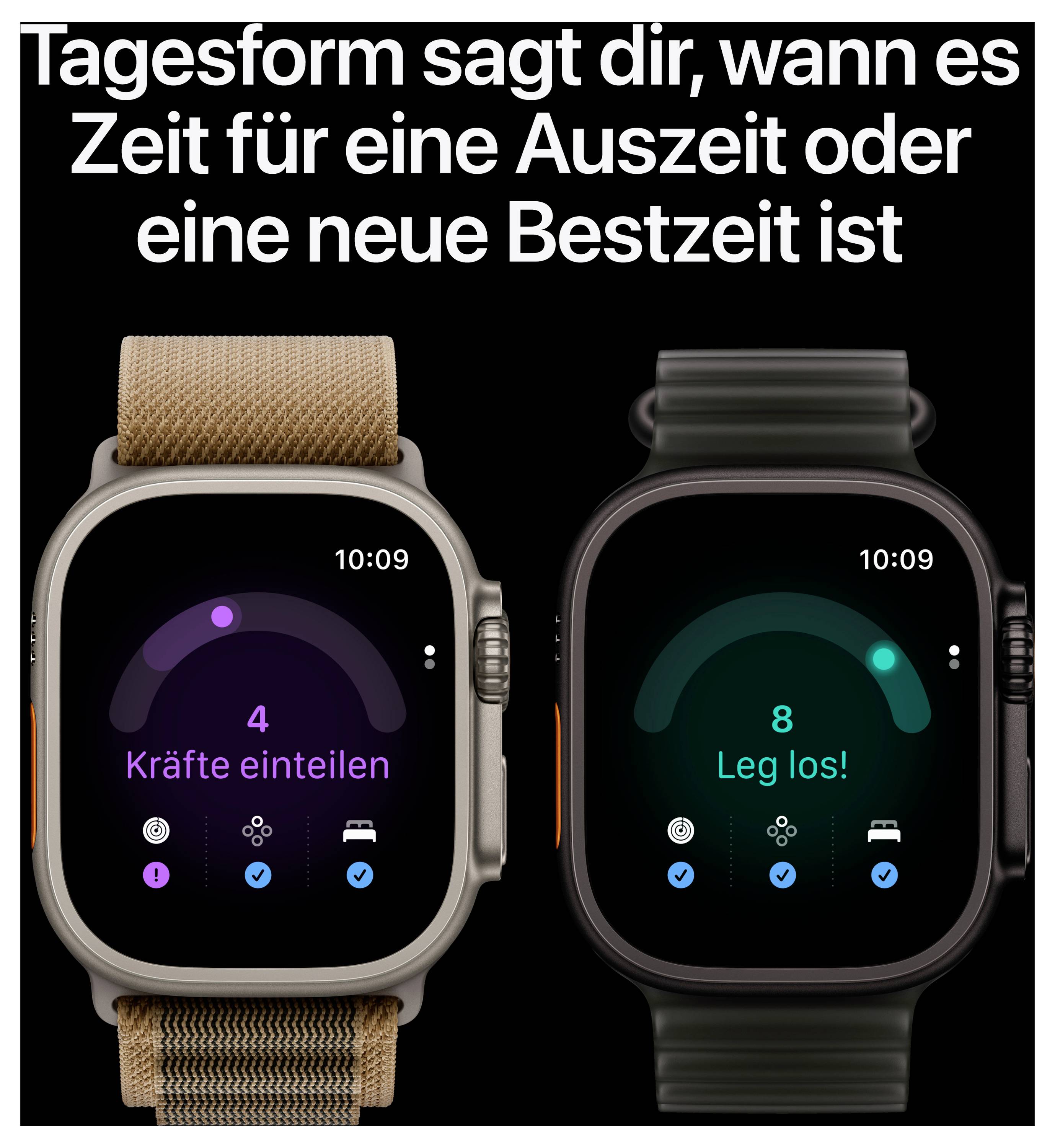 Werbegrafik mit zwei Smartwatches; Text: 'Tagesform sagt dir, wann es Zeit für eine Auszeit oder eine neue Bestzeit ist'. Links 'Kräfte einteilen', rechts 'Leg los!'