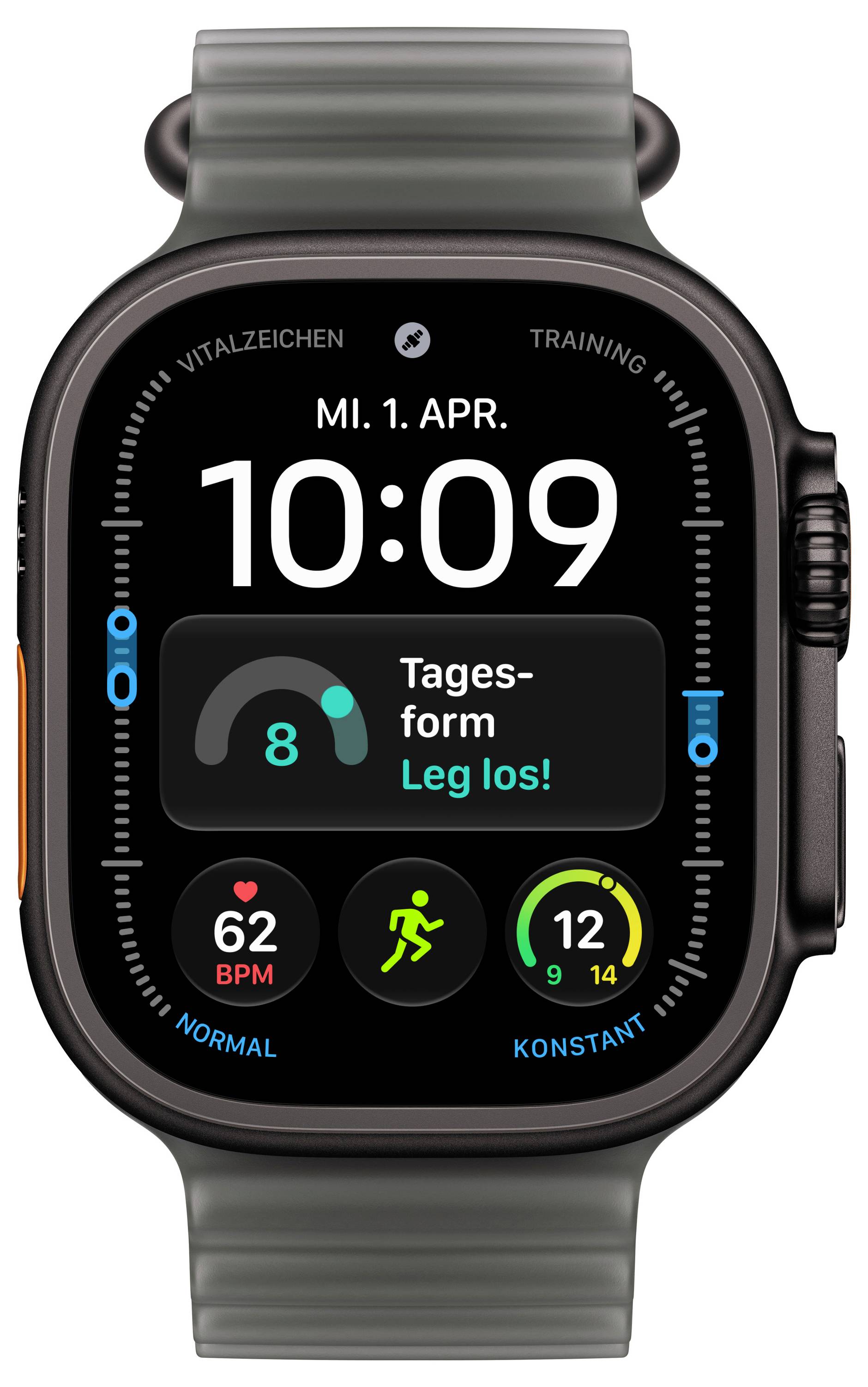 Smartwatch zeigt die Zeit 10:09 am Dienstag, 1. April, an, mit Fitness-Widgets für Herzfrequenz, Aktivität und eine „Tages-form"-Aufforderung zum Starten der Beinübung.