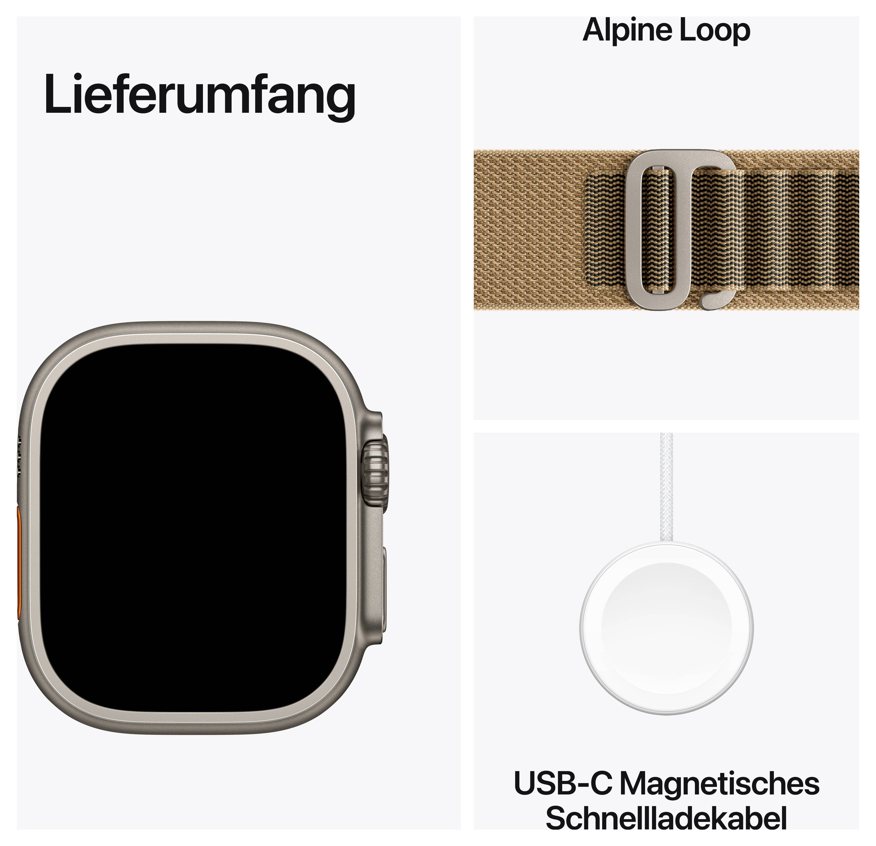 Lieferumfang eines Apple Watch Ultra: Uhrgehäuse, Alpine Loop und USB-C magnetisches Schnellladekabel.