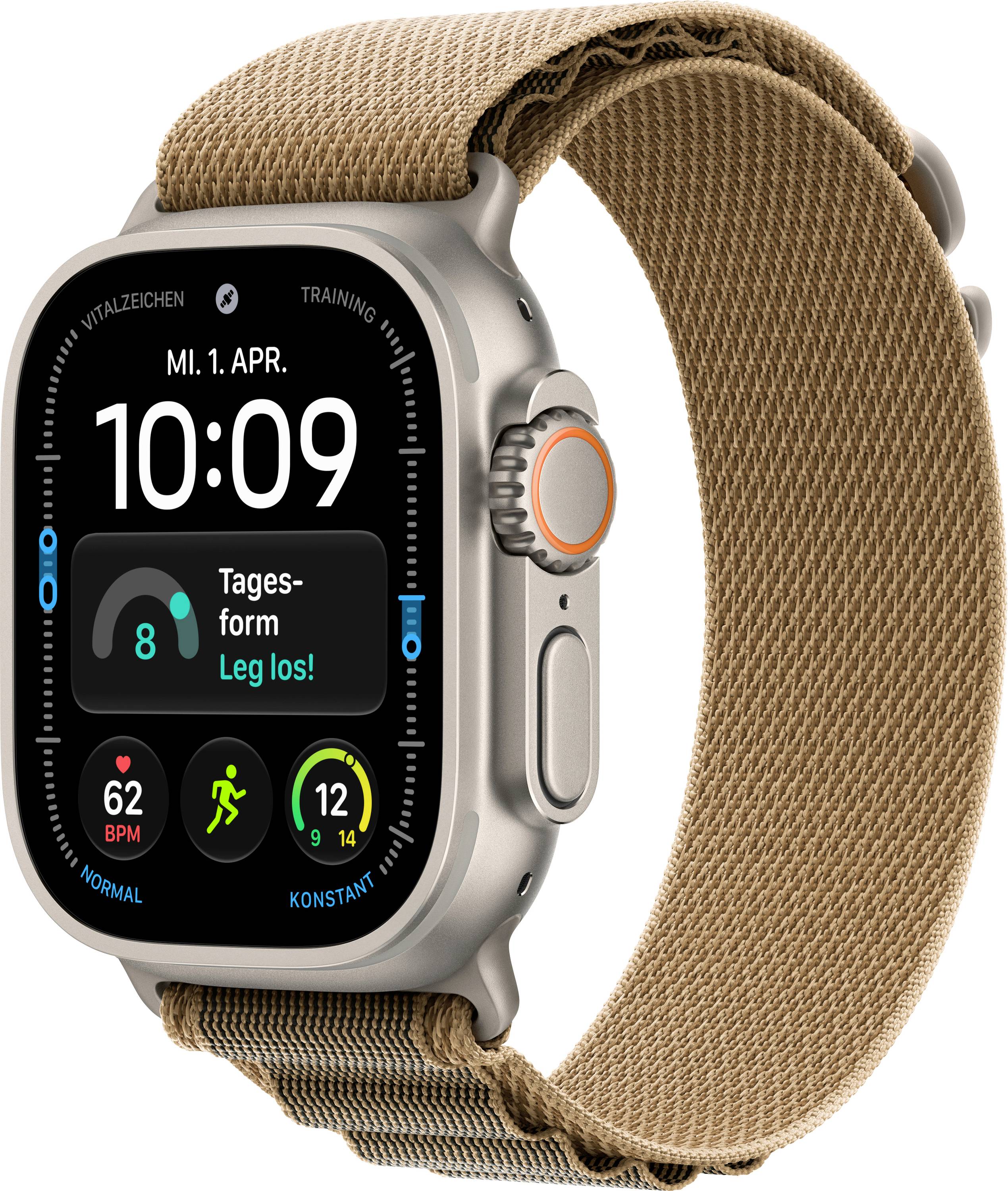 Silberne Apple Watch mit beige gewebtem Armband, das ein Fitness-Zifferblatt um 10:09 Uhr zeigt, Datum 'MI.1.APR.' und deutsche Aktivitäts-/Gesundheits-Widgets.