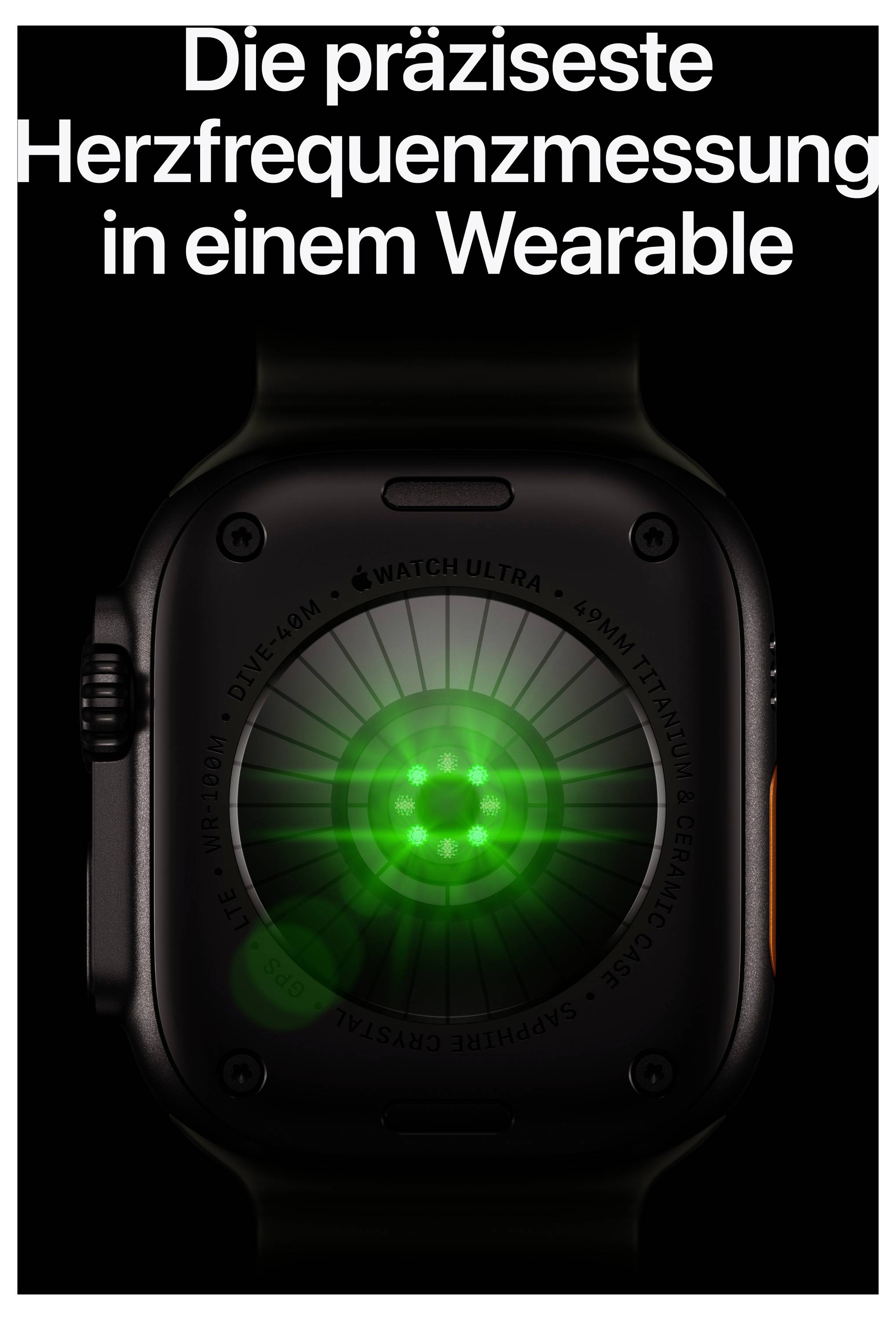 Werbung für eine Smartwatch mit grünem Herzfrequenzsensor; Text: 'Die präziseste Herzfrequenzmessung in einem Wearable'.