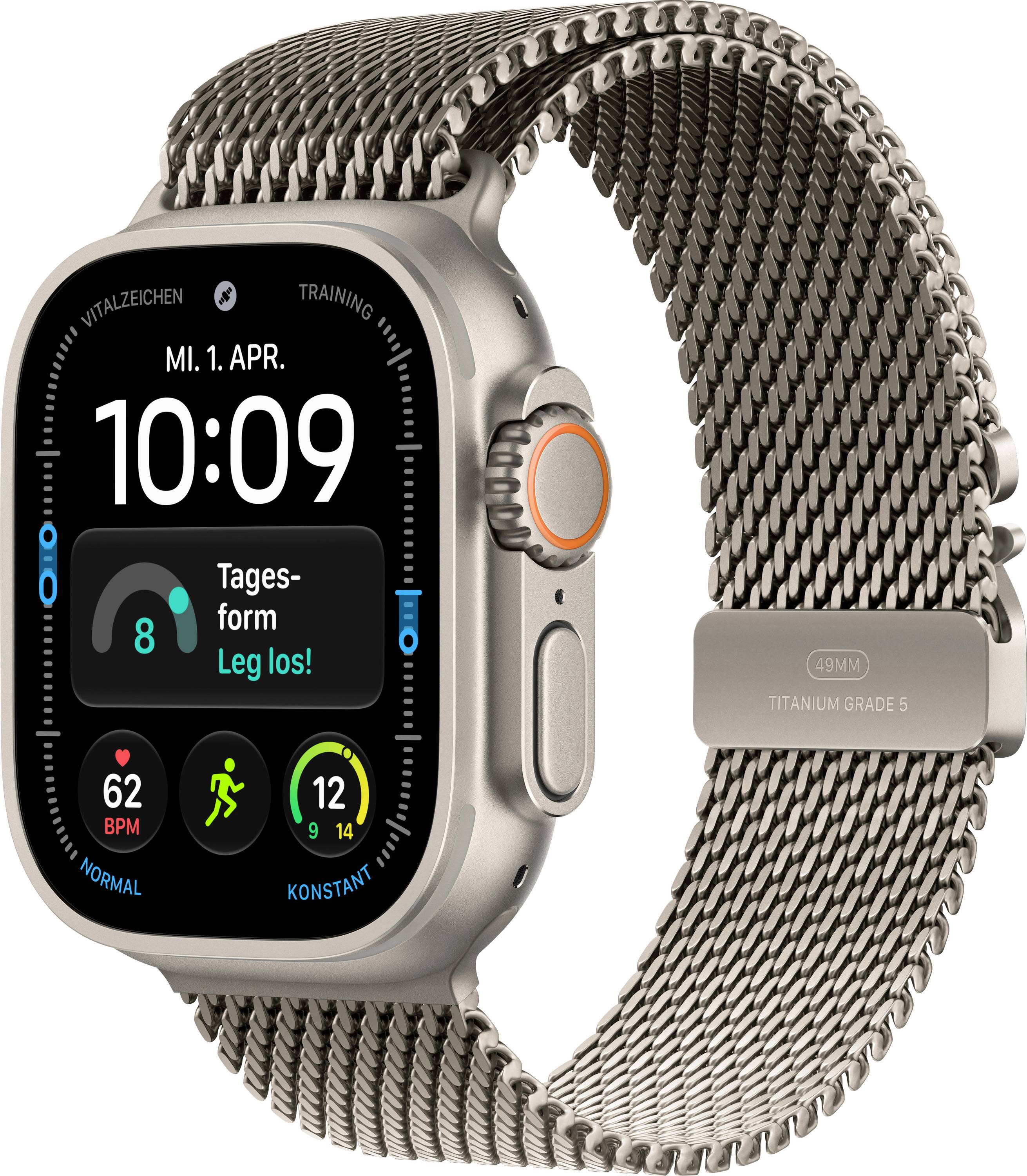 Apple Watch mit silbernem Titaniumgehäuse und Milanaise-Armband, zeigt 10:09, 'MI.1.APR.', Fitness-Ringe und die Aufforderung 'Tages-form Leg los!'.