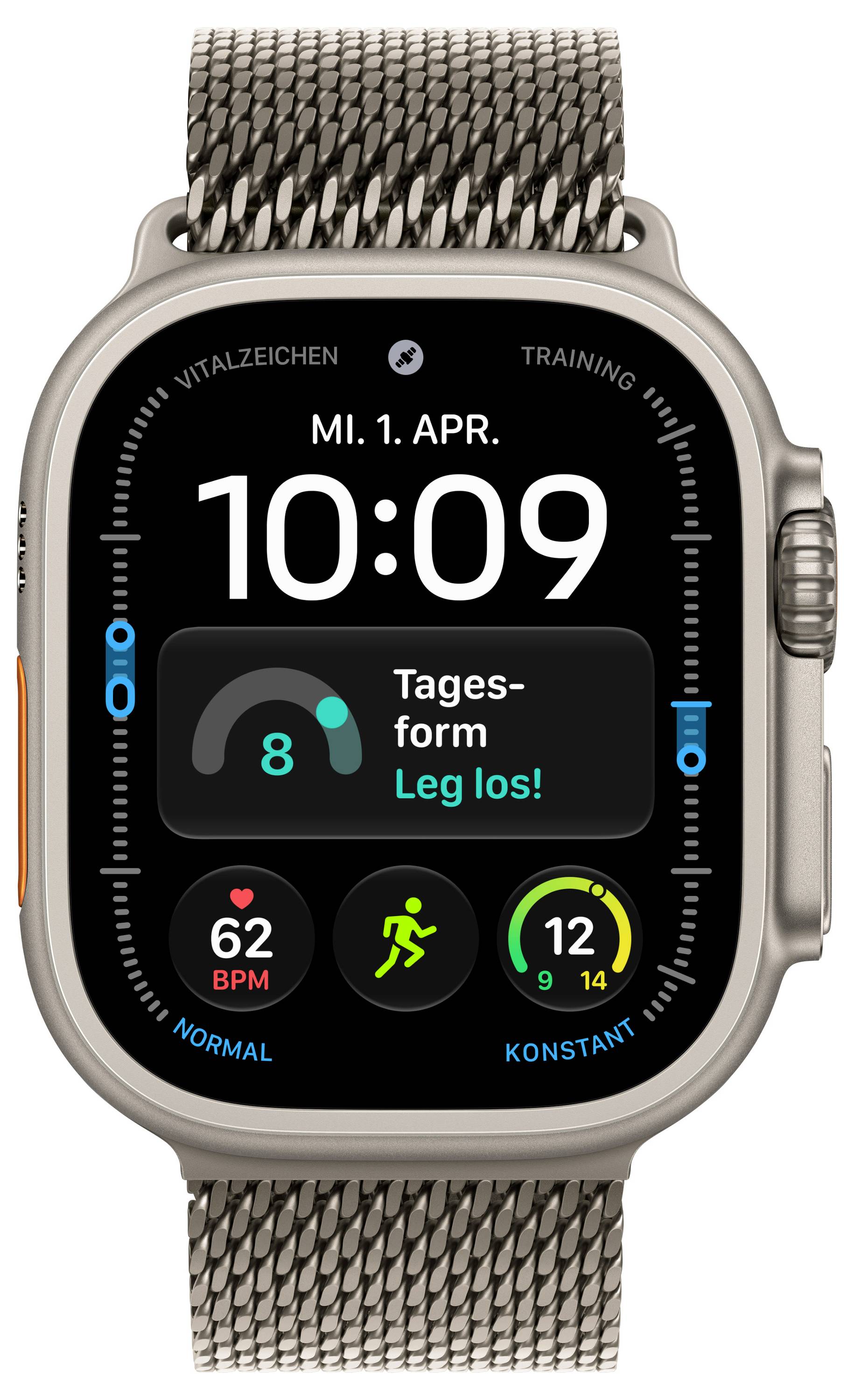Apple Watch zeigt die Aktivitäts-App auf Deutsch an, mit der Uhrzeit 10:09, dem Datum „MI. 1. APR." und einer Trainingsaufforderung „Tages-form Leg los!" mit Herzfrequenz und Aktivitätsringen.
