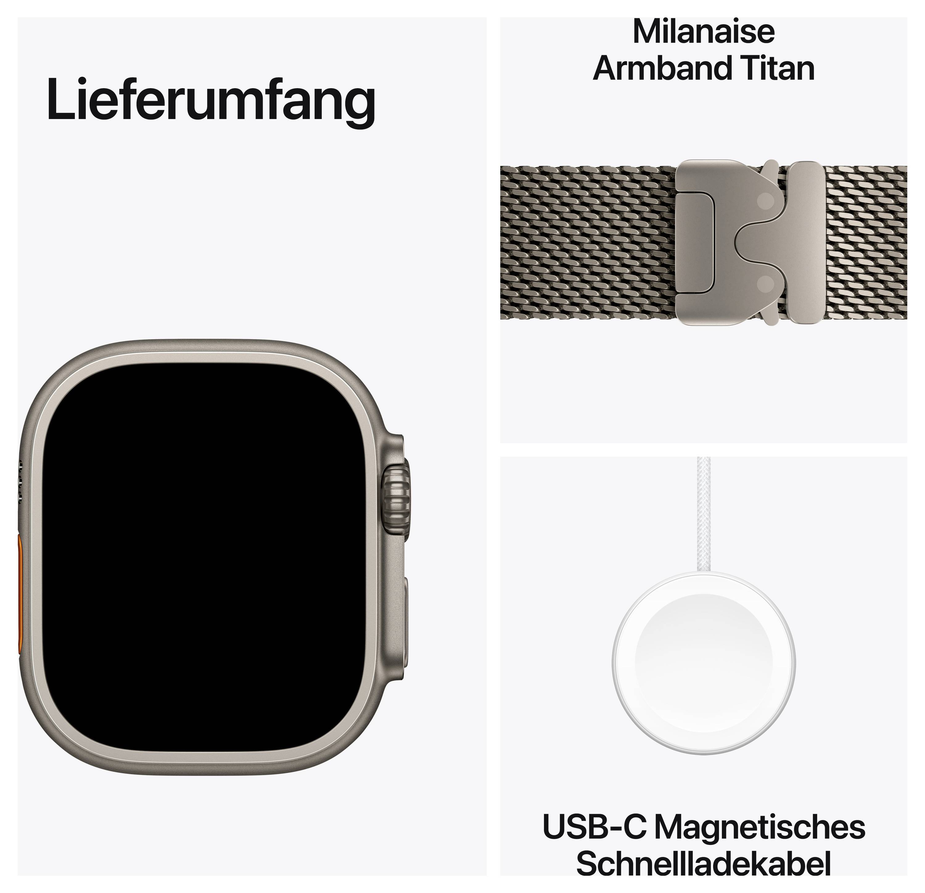 Lieferumfang einer Smartwatch: Uhr, Milanaise-Armband Titan und USB-C magnetisches Schnellladekabel.
