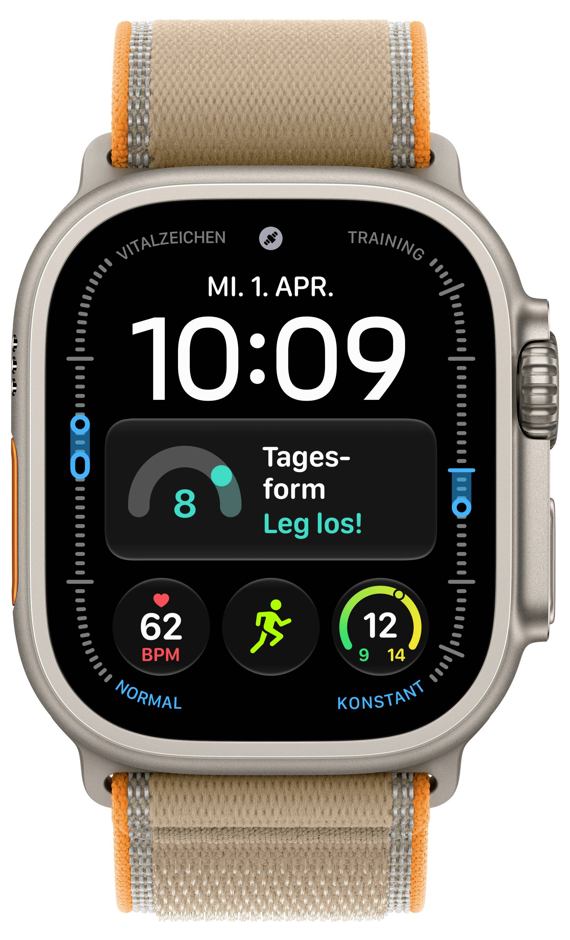 Apple Watch zeigt Trainings- und Gesundheitsstatistiken an: Uhrzeit 10:09, Datum „MI. 1. APR.", Ringe, Herzfrequenz 62 BPM und die Trainingsaufforderung „Tages-form Leg los!".