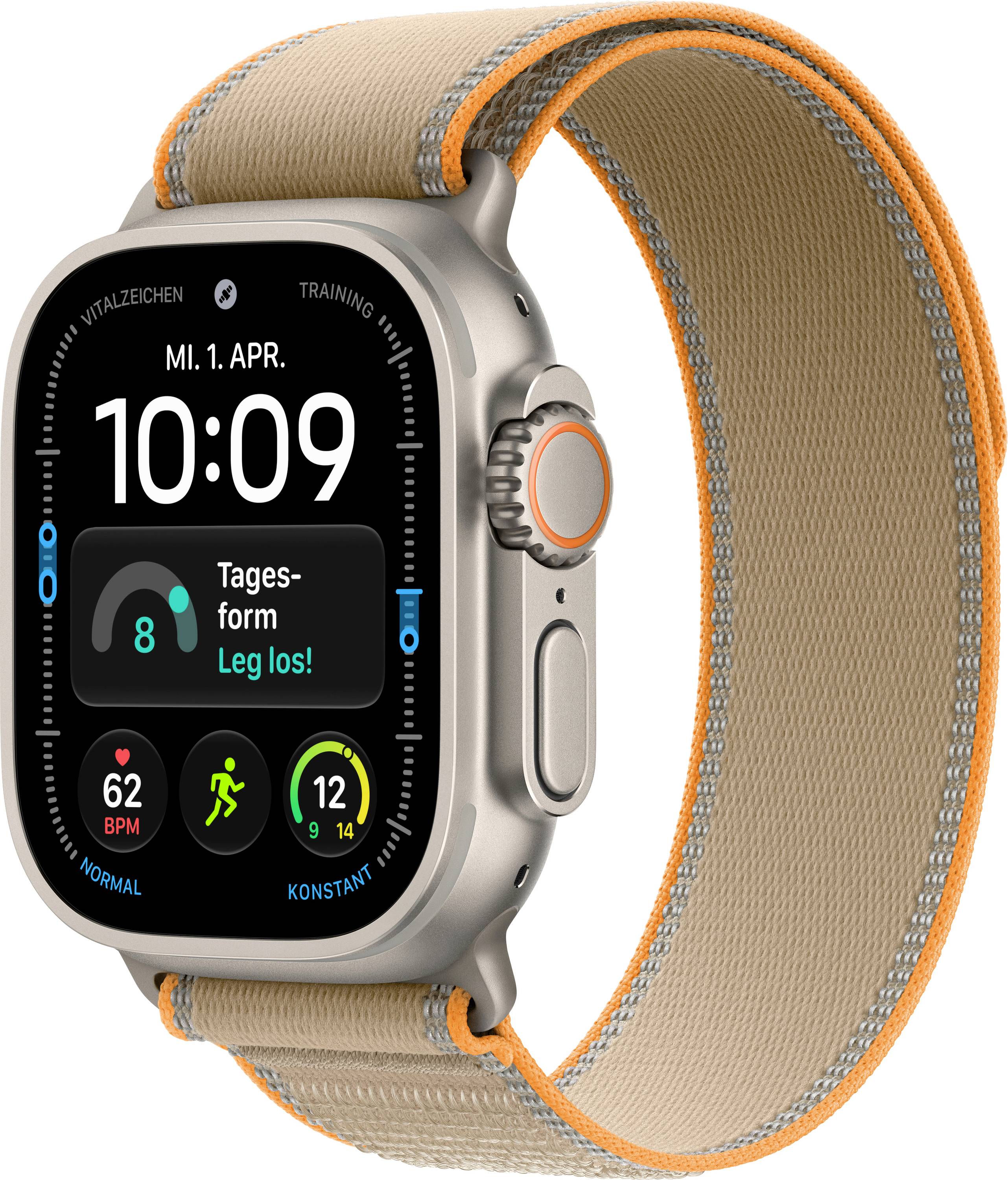 Apple Watch Ultra mit beige/orangefarbenem Band, zeigt ein Fitness-Zifferblatt um 10:09 Uhr mit dem Datum 