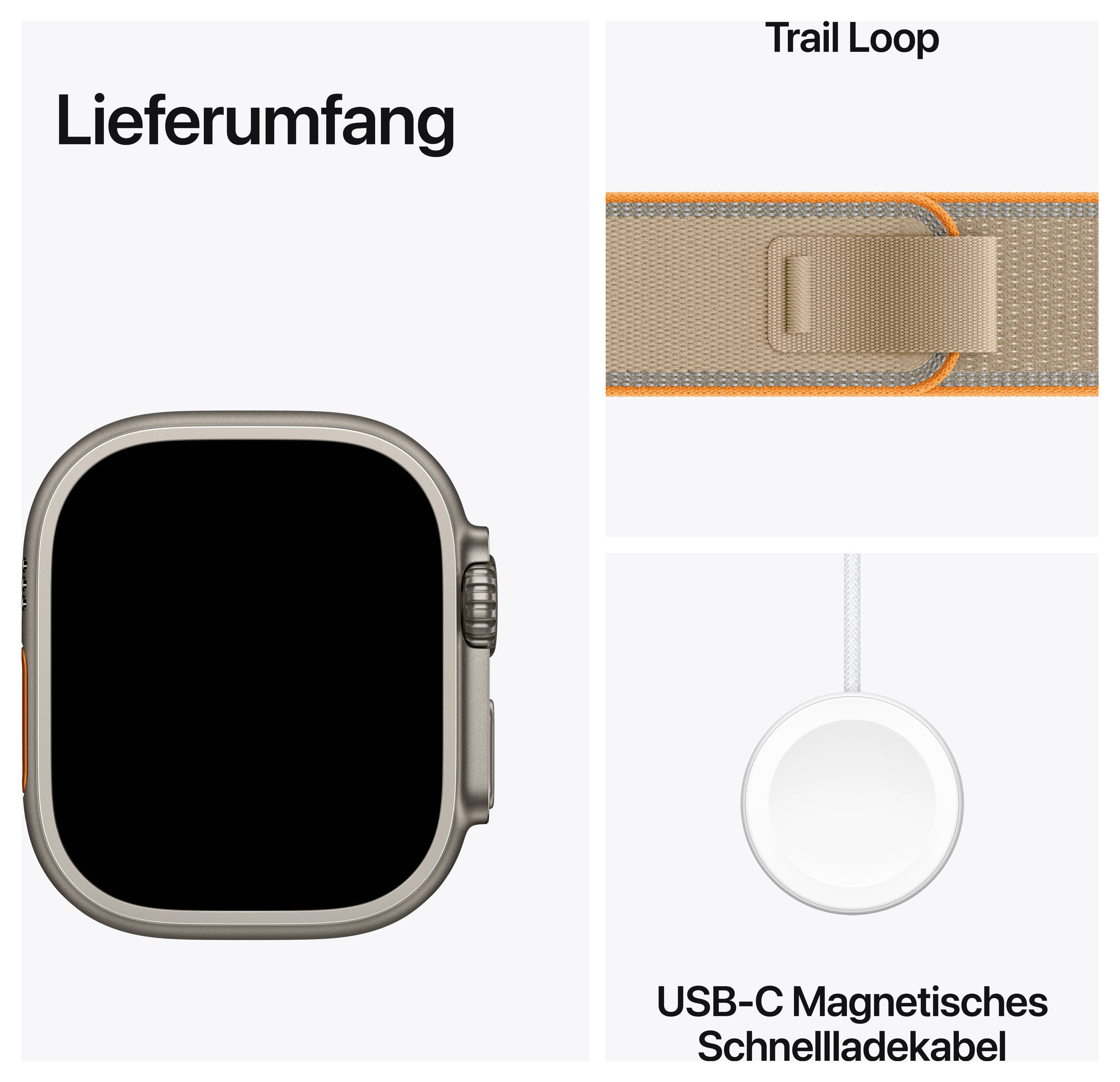 Lieferumfang eines Smartwatch-Sets: Uhr, Trail Loop-Armband und USB-C magnetisches Schnellladekabel.
