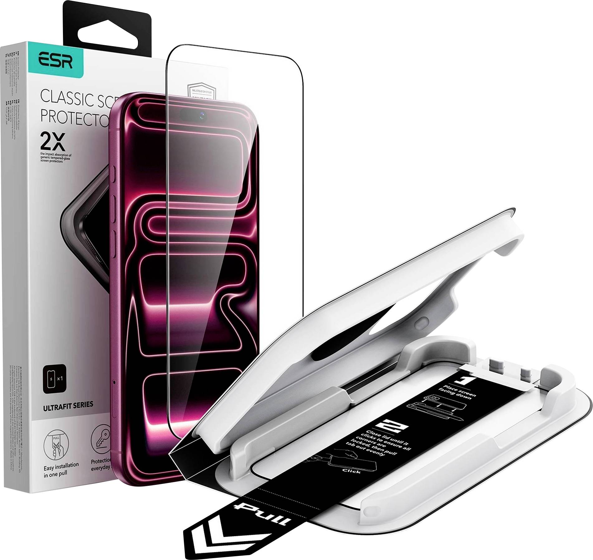 ESR Classic Displayschutzfolie 2X Verpackung und eine Displayschutzfolie für Smartphones, die mit einem Ausrichtungs-Tablett auf einem Smartphone angebracht wird.