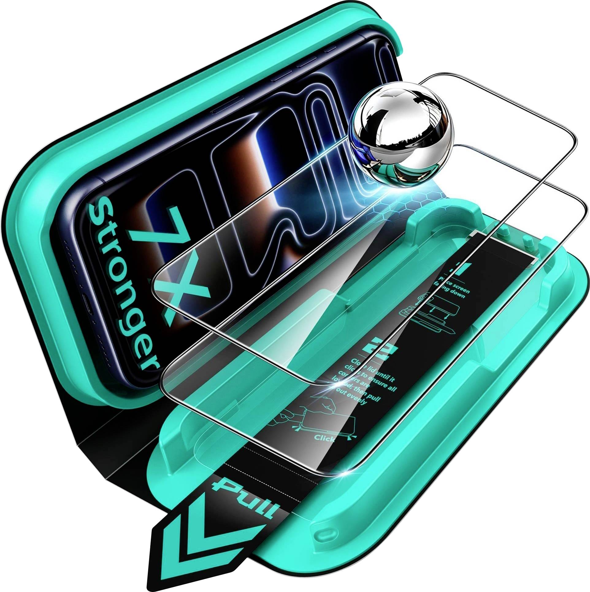 Stilisierte 3D-Grafik eines türkisfarbenen Smartphones mit einer glänzenden metallischen Kugel und transparenten Panels, die auf dem Bildschirm „Stronger