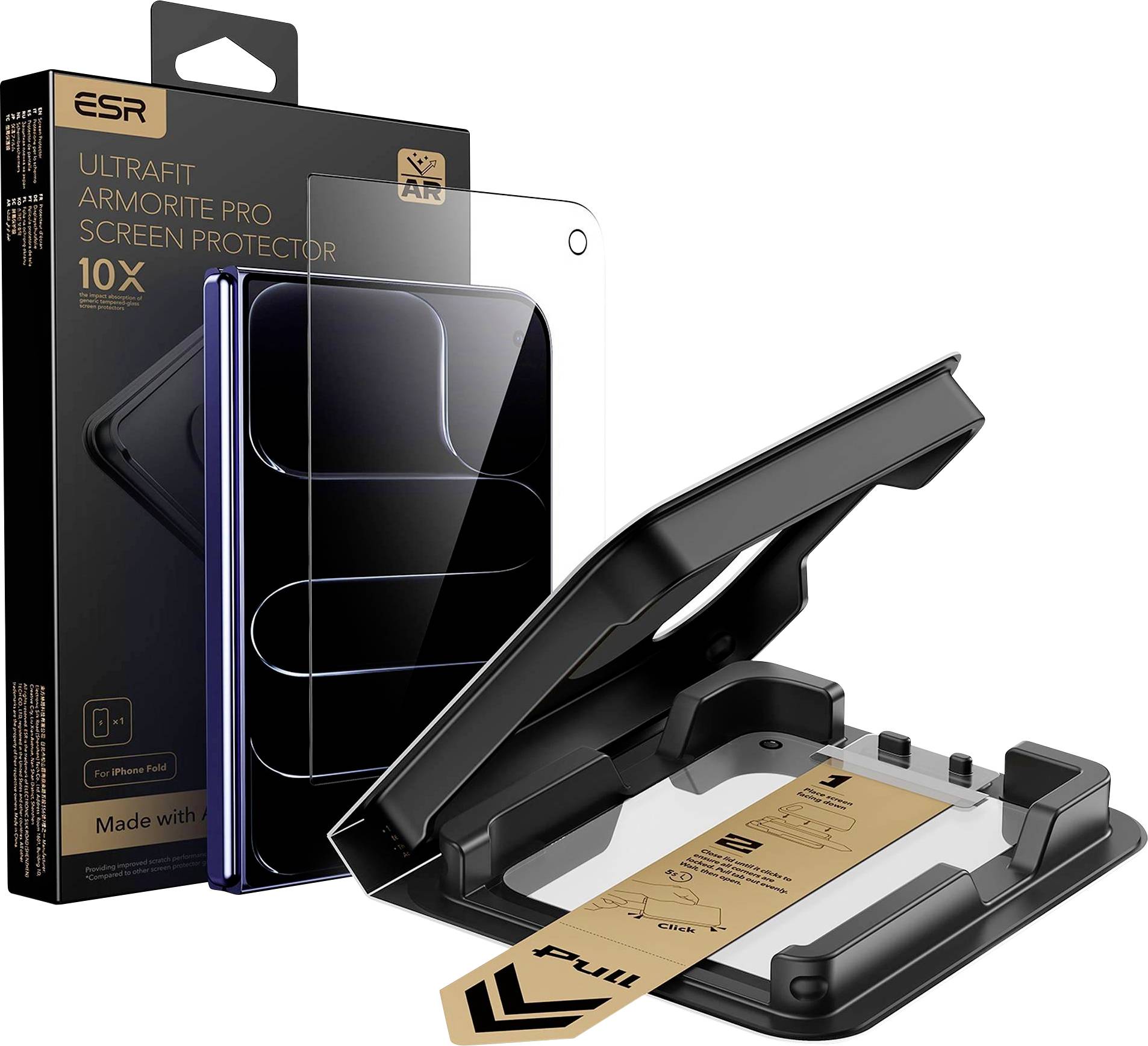 ESR UltraFit Armorite Pro Displayschutzfolie-Set mit 10X-Schutz, Ausrichtungsschablone, Reinigungswerkzeugen und Installationsanleitung für ein Smartphone.