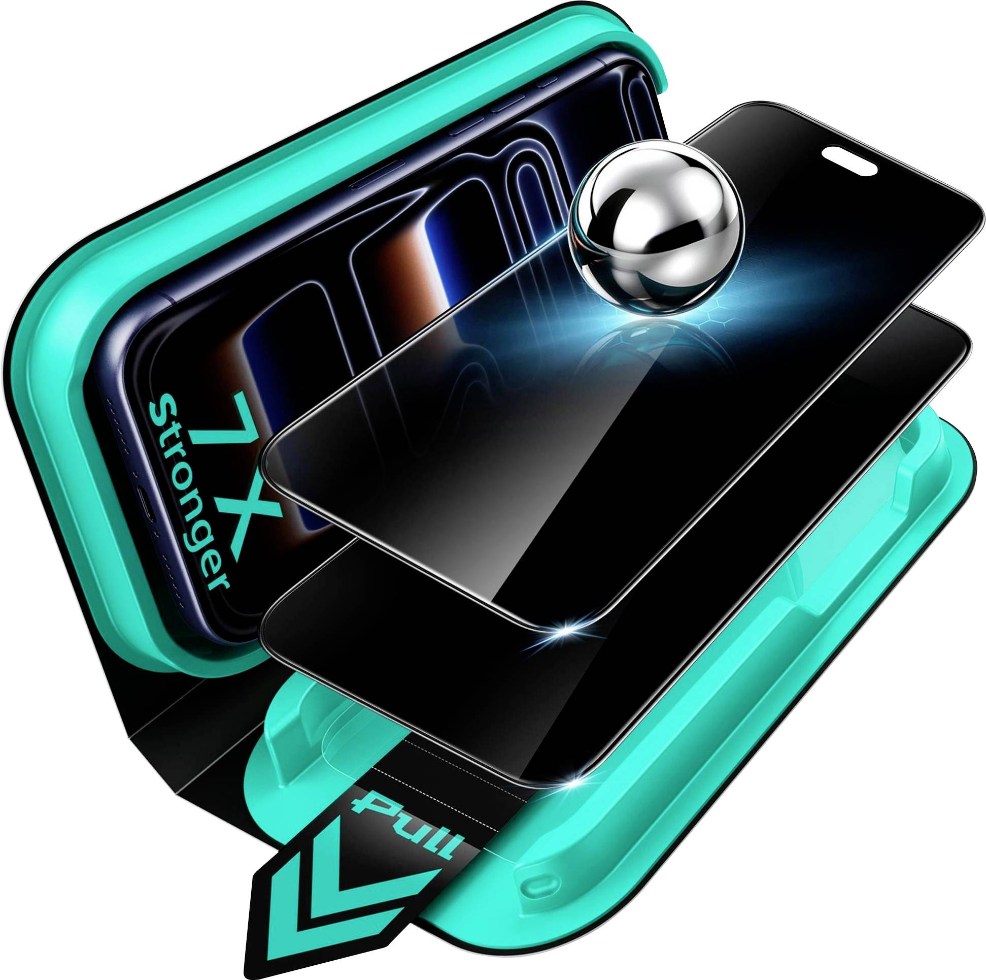 Stilisierter 7X stärkerer Displayschutz für Smartphones, mehrschichtig angebracht, mit einer Metallkugel beim Aufprall, die den hochfesten Schutz symbolisiert.