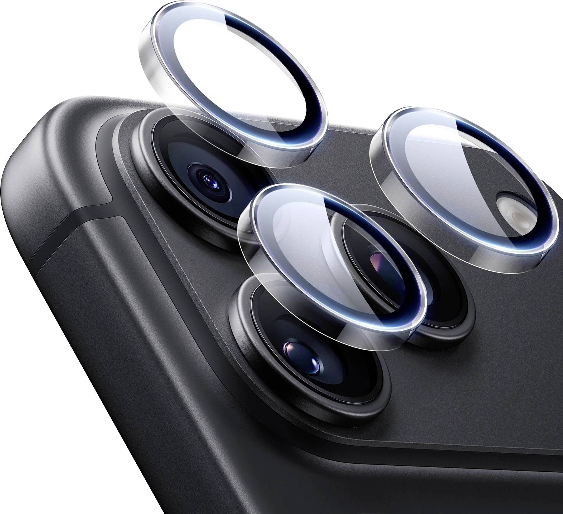 Nahaufnahme des rückwärtigen Mehrlinsen-Kamera-Arrays eines Smartphones mit drei hervorgehobenen Linsenringen, die fortschrittliche Fotografie-Funktionen betonen.