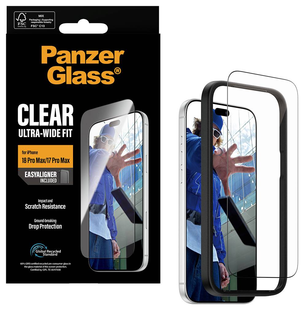 Panzer Glass Displayschutzfolie Verpackung und Produktbild für iPhone 18 Pro Max/17 Pro Max, mit der Bezeichnung „Clear Ultra-Wide Fit