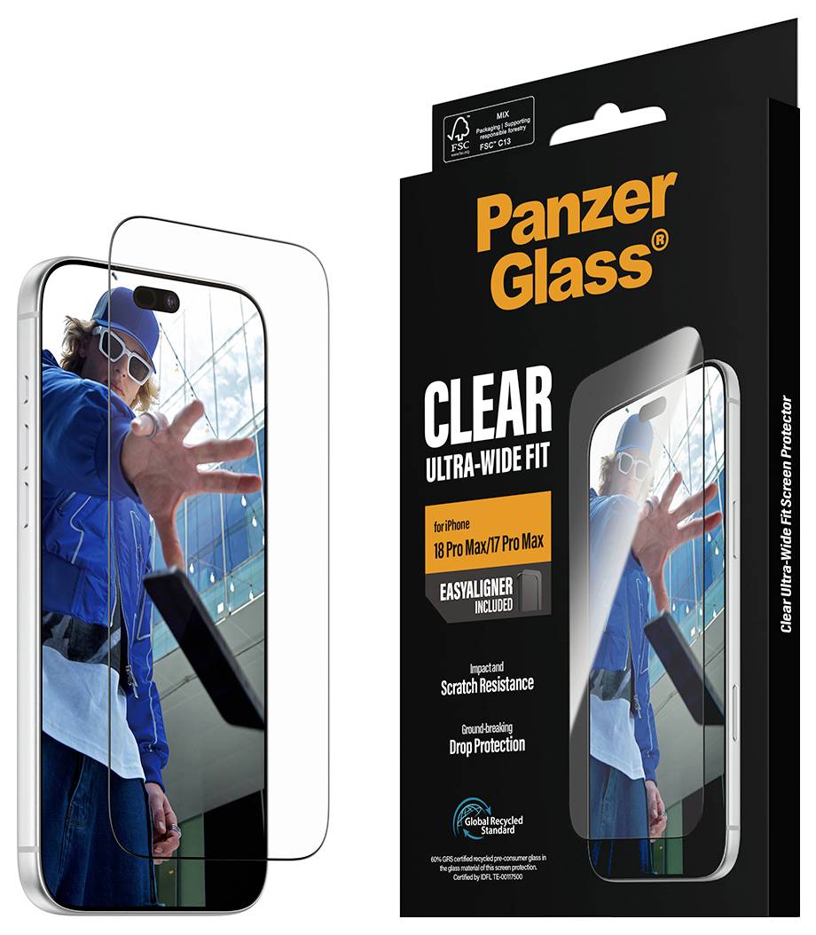 Werbebild einer PanzerGlass klaren Ultra-Wide-Fit Displayschutzfolie für iPhone 13 Pro Max/14 Pro Max, gezeigt auf einem Telefon und Einzelhandelspacakung, hervorgehoben werden Kratzerbeständigkeit und Fallschutz.