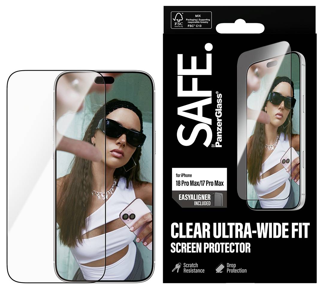 Produktbild eines SAFES. PanzerGlass klarer Ultra-Wide-Fit-Displayschutz für iPhone 18 Pro Max/17 Pro Max, mit Verpackung und Vorschau des installierten Telefons.
