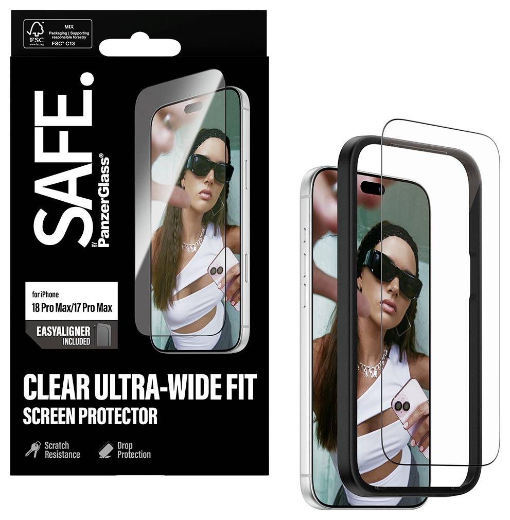 Verpackung für SAFE PanzerGlass klare Ultra-Weitwinkel-Displayschutzfolie für iPhone 18 Pro Max/17 Pro Max, gezeigt mit installiertem Telefon und Schutzfolienrahmen.