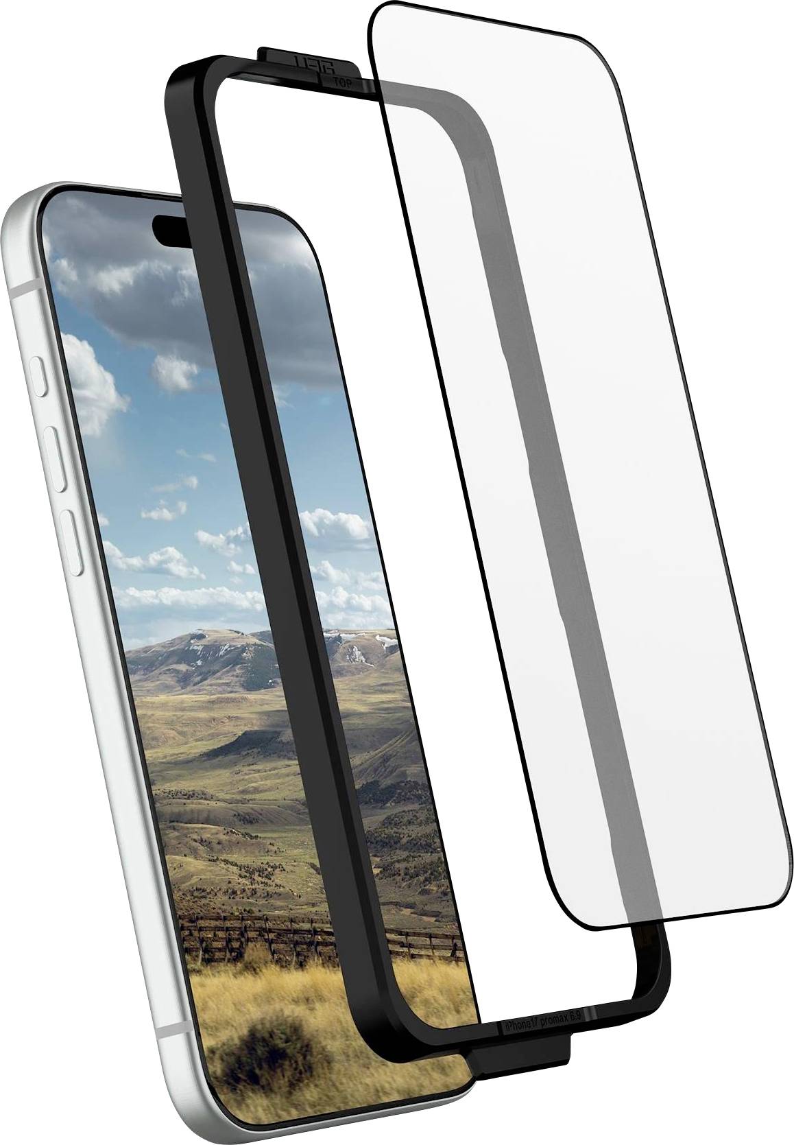 Explodierte Darstellung eines Smartphones mit Displayschutz, die das Telefon, den schwarzen Rahmen und die darüber ausgerichtete klare Glasschicht zeigt.