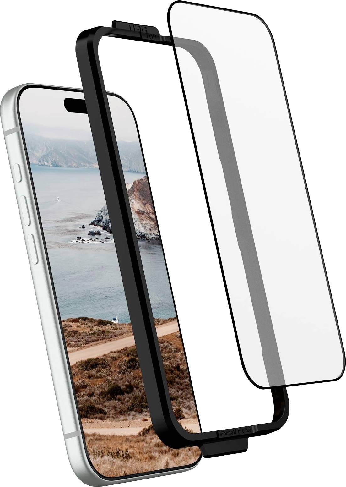 Explodierte Ansicht eines Smartphones mit einer Schutzhülle und zwei übereinander gestapelten Displayschutzfolien vorne, die ein Schutzfolien-Set für Telefone zeigen.