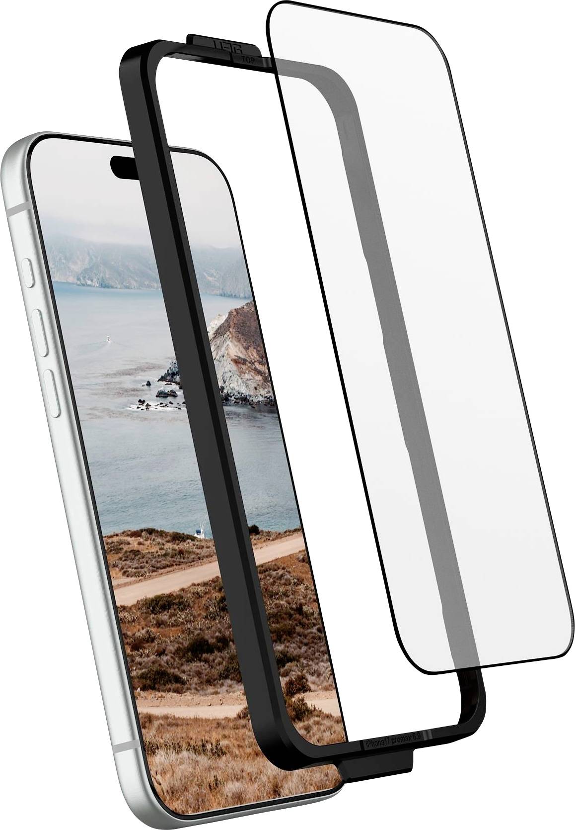 Dreilagiger Smartphone-Displayschutz in Explosionszeichnung dargestellt, mit Telefon, schwarzem Rahmen und klarer Glasschutzschicht vor einem Telefondisplay angeordnet.