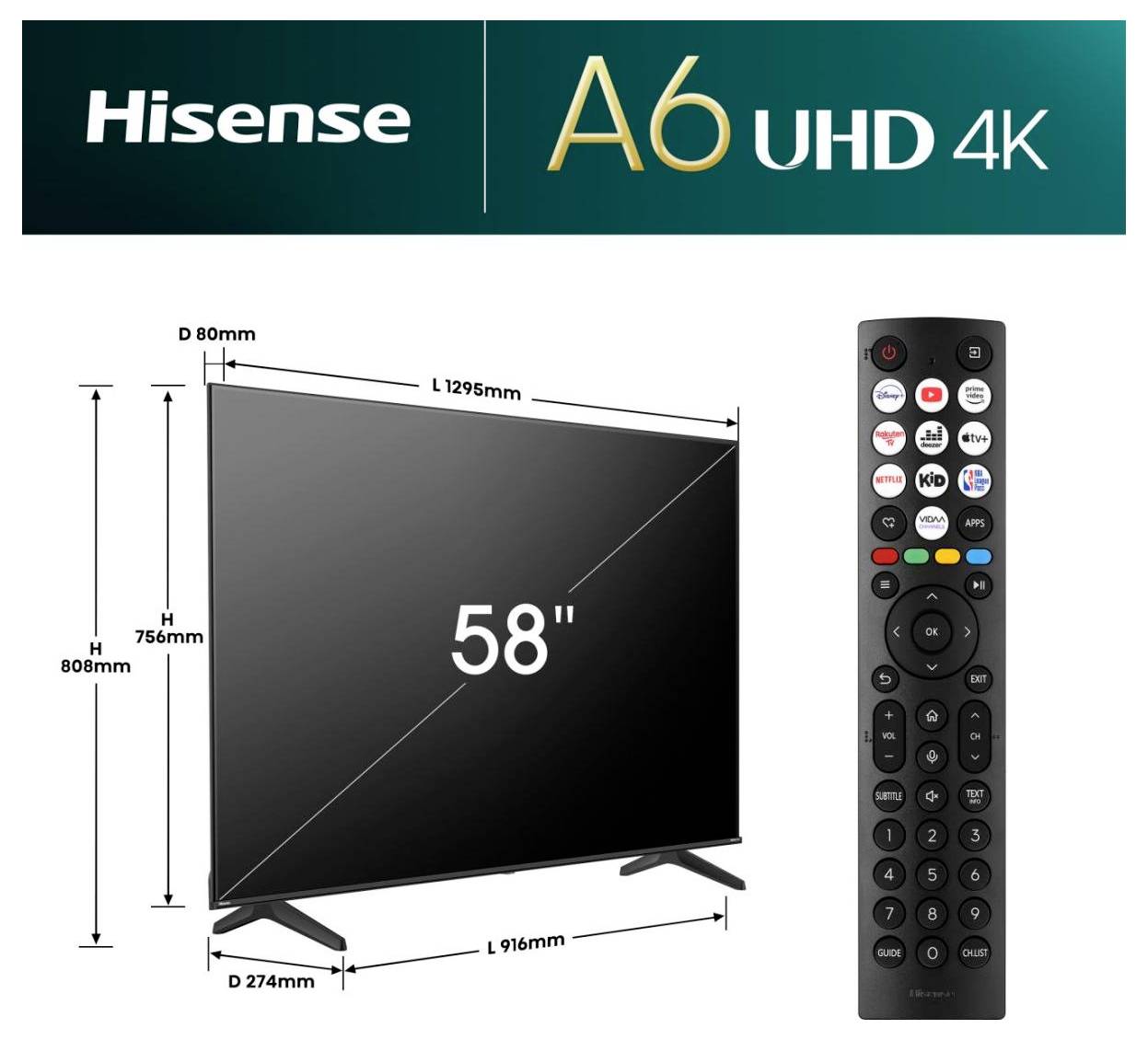Hisense A6 UHD 4K 58-Zoll-Fernseher mit Abmessungen von 1295 mm Breite, 808 mm Höhe, 80 mm Tiefe und einer Fernbedienung.