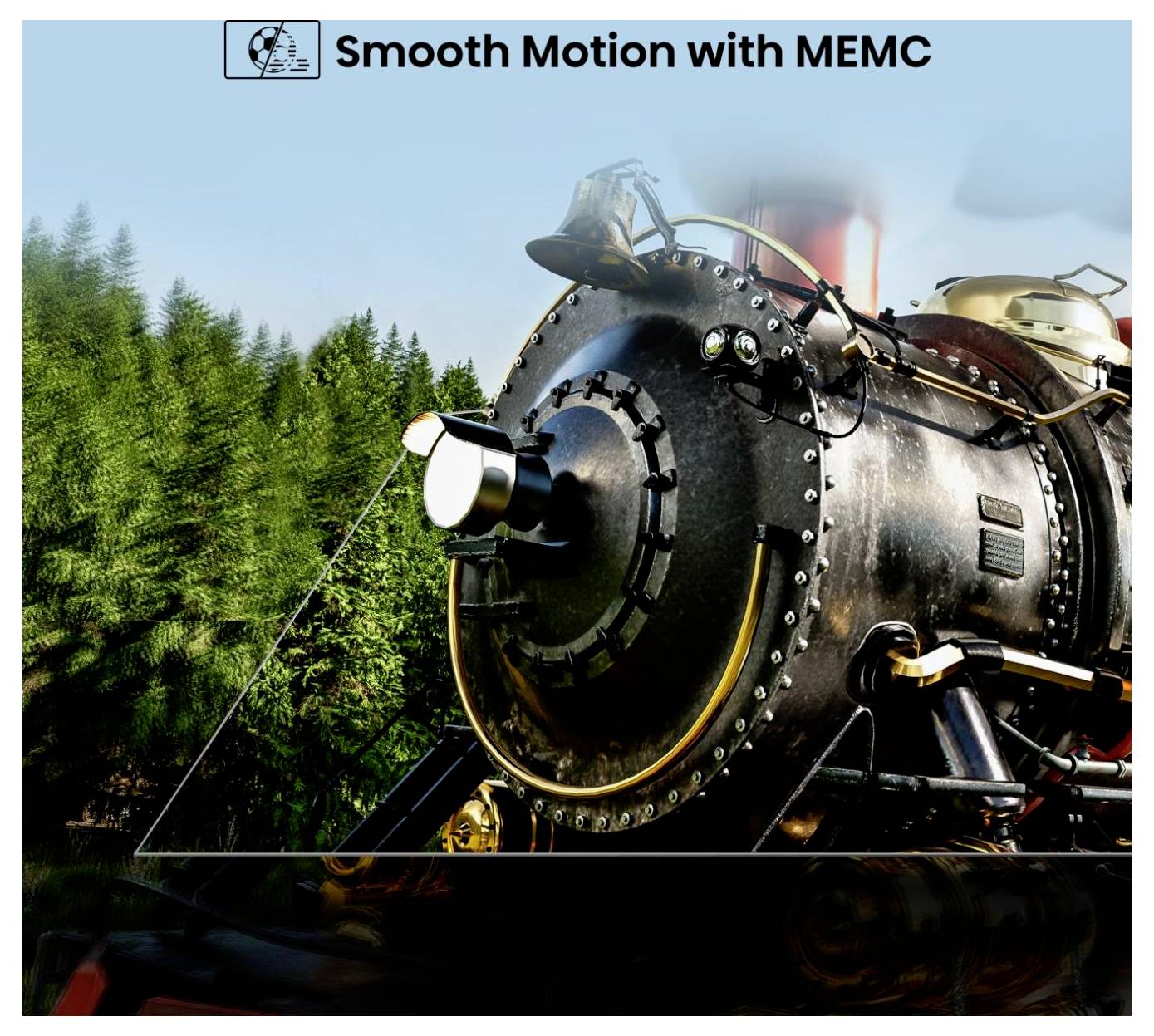 Illustration einer Dampflokomotive mit dem Titel "Sanfte Bewegung mit MEMC", die eine Frontansicht eines Zuges zeigt, der an Bäumen unter einem blauen Himmel vorbeifährt.
