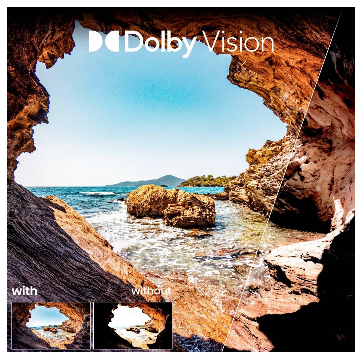 Dolby Vision Vergleichsbild einer felsigen Meereshöhle: helle, lebendige Ansicht "mit" versus dunklere, flachere Ansicht "ohne", die verbesserte Farbe und Kontrast zeigt.
