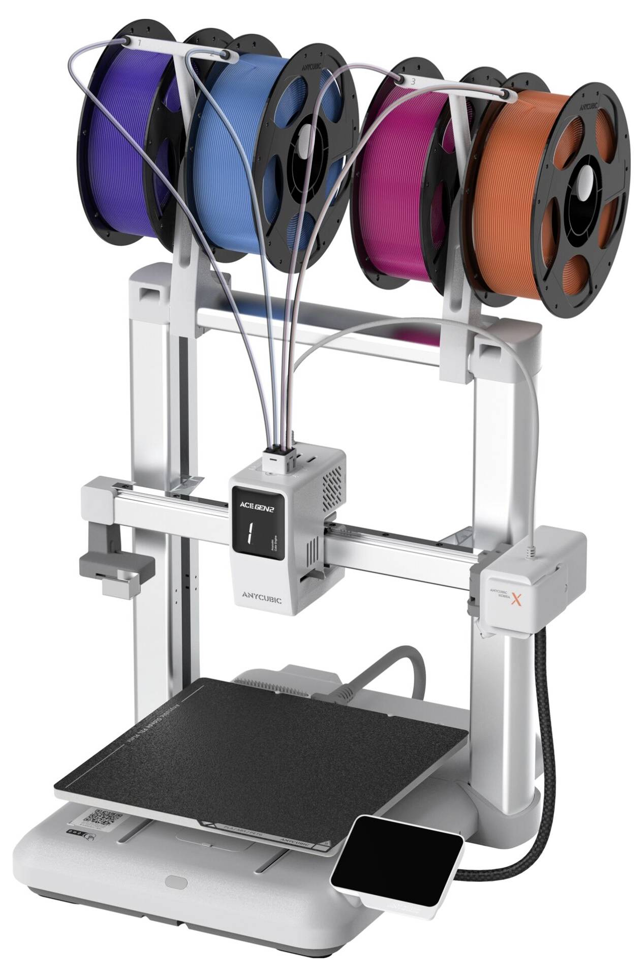 Desktop-3D-Drucker mit vier Filamentrollen, die oben montiert sind, und einer Bauplattform im Inneren des Rahmens