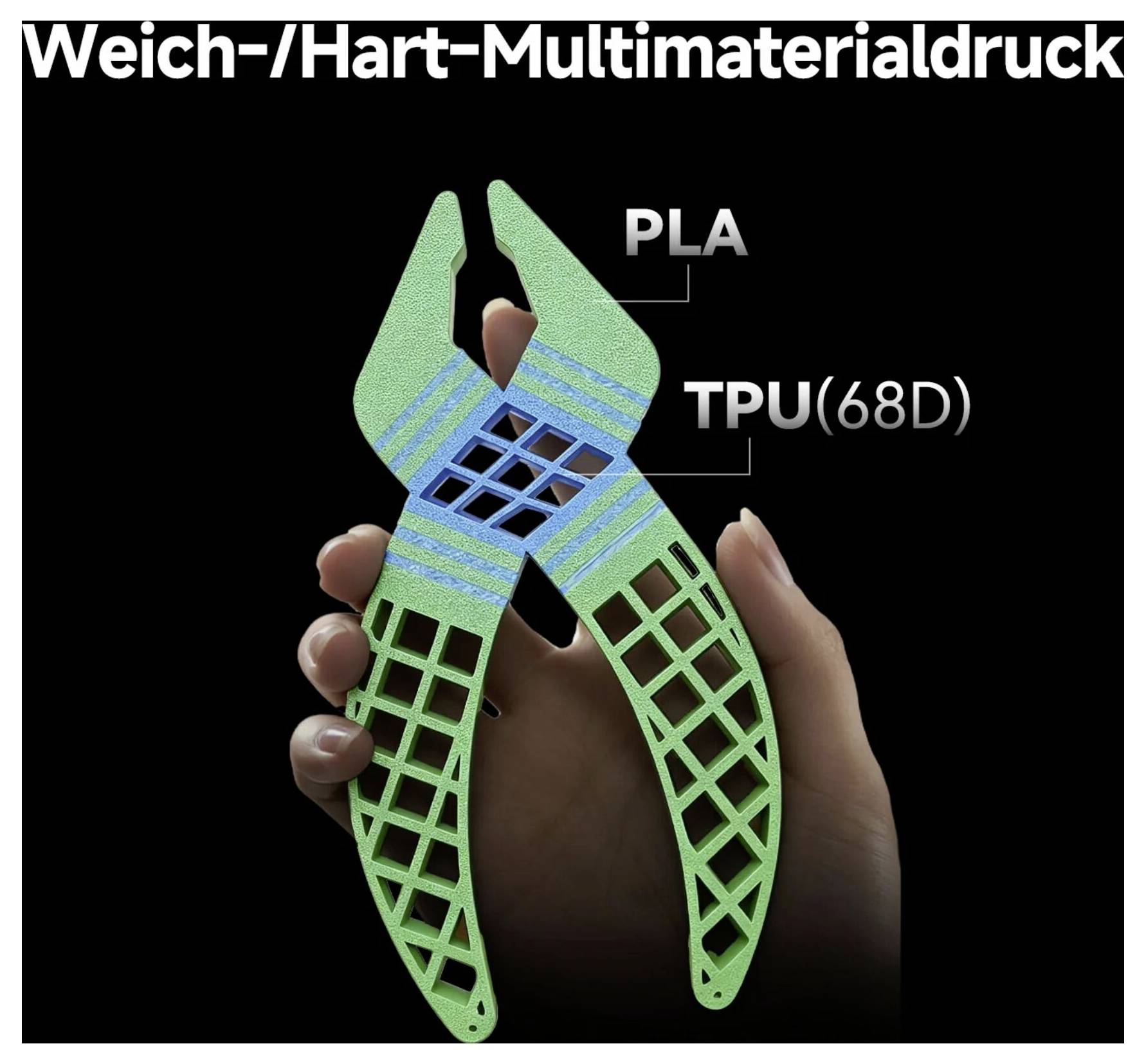 Hand, die einen grünen 3D-gedruckten Greifer mit der Bezeichnung „Weich-/Hart-Multimaterialdruck" hält, wobei PLA- und TPU(68D)-Materialzonen für flexible und starre Abschnitte sichtbar sind.