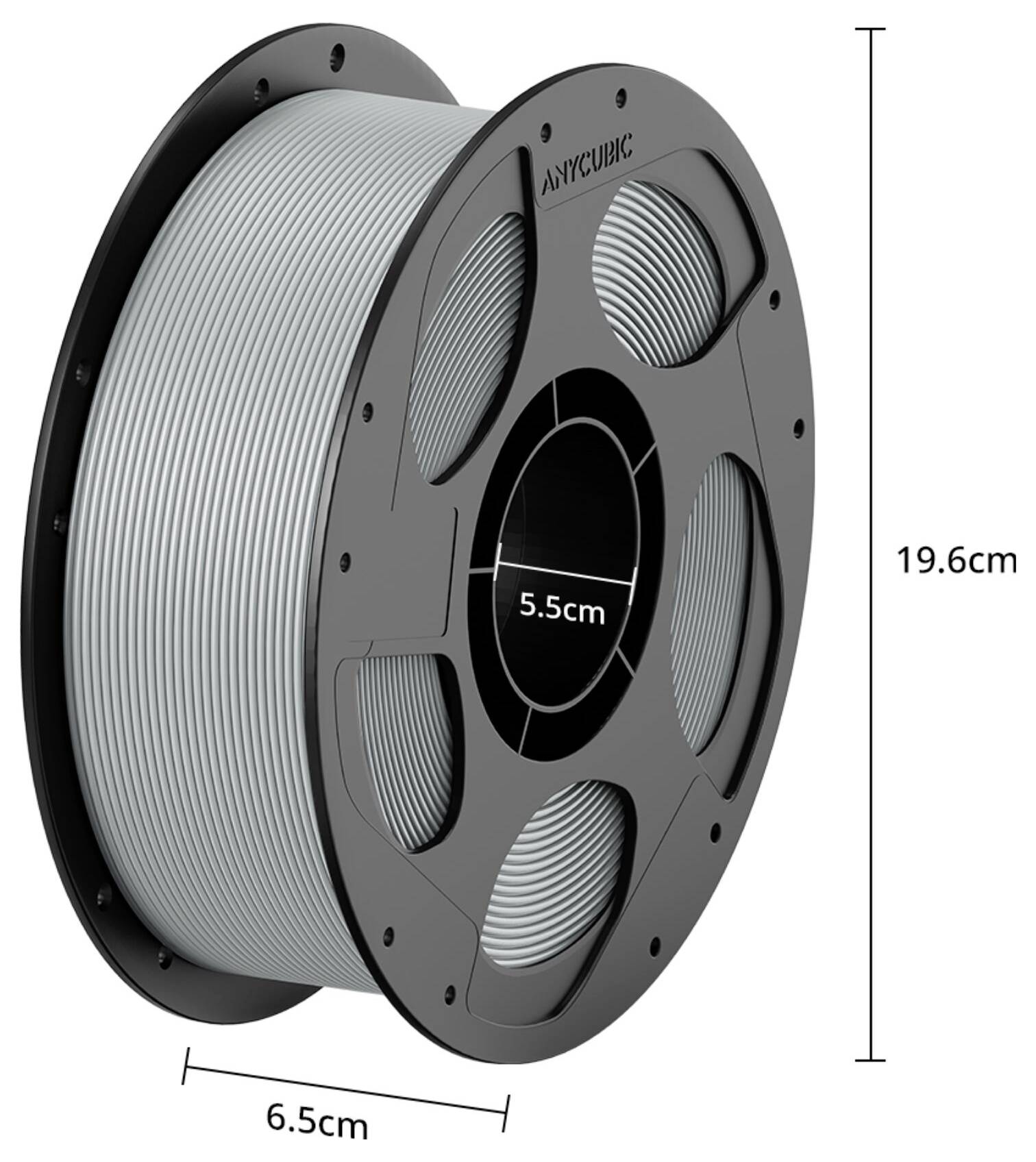 Spule mit grauem 3D-Druckfilament, gekennzeichnet mit den Abmessungen 19,6 cm Höhe, 6,5 cm Breite und 5,5 cm Mittelöffnung.