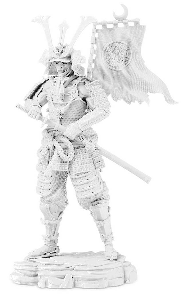 Eine weiße Samurai-Krieger-Figur steht auf einem Sockel, trägt Rüstung und hält ein Schwert mit einem Banner dahinter.