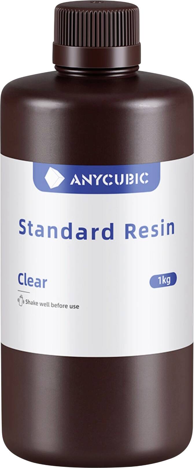 Flasche Anycubic Standard Resin, klar, 1 kg, mit dunkelbraunem Behälter und beschrifteter Kappe.