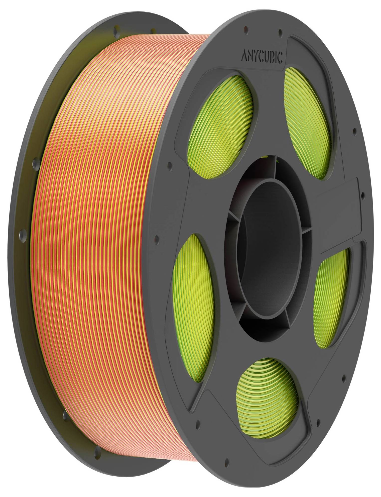Spule mit orangefarbenem 3D-Druckfilament mit schwarzer Spule und grünem Filament, das durch die Speichen sichtbar ist.