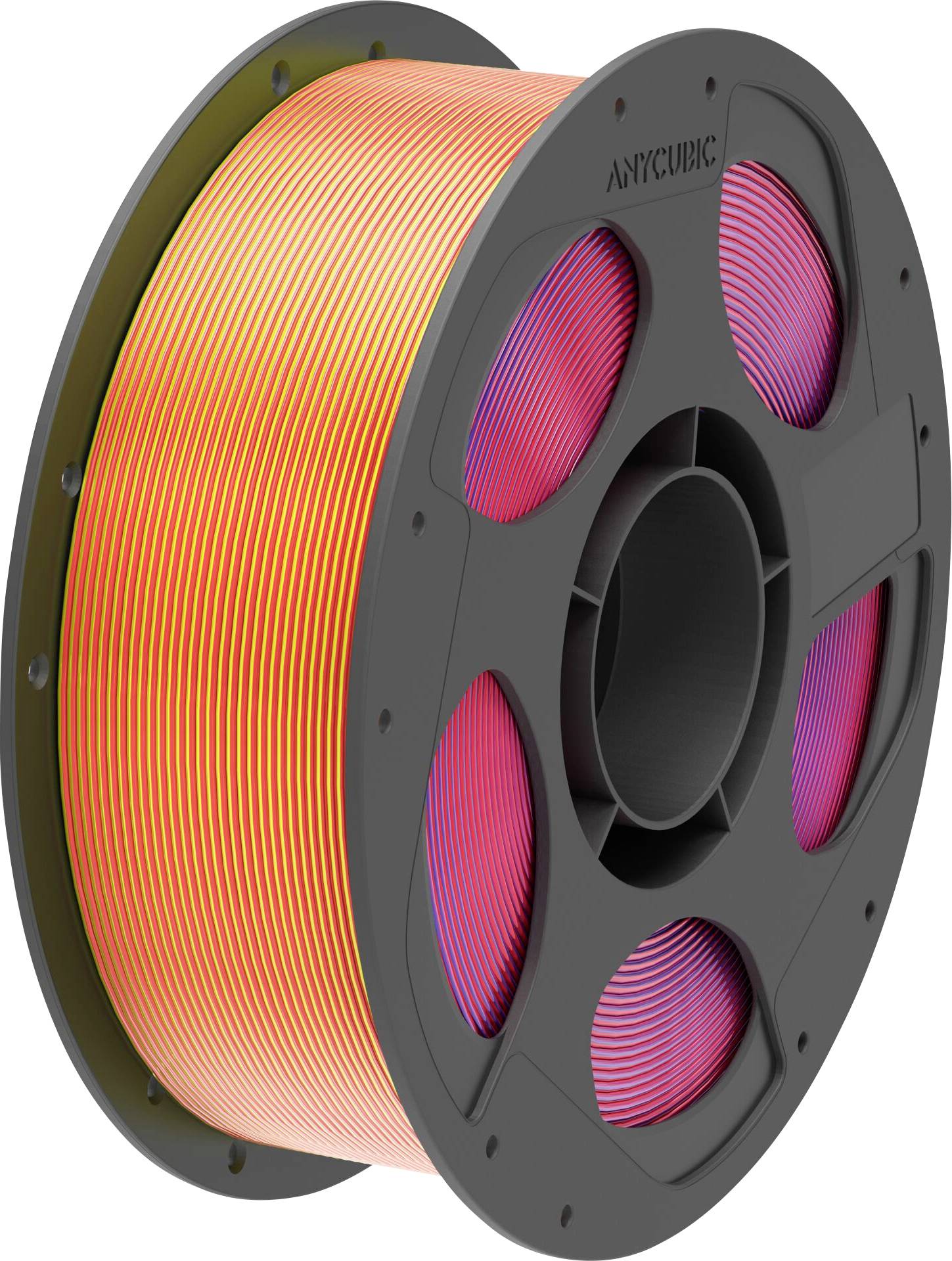 Spule mit leuchtend farbigem 3D-Druckfilament auf einer schwarzen Spule, gezeigt in einer produktstilgerechten Nahaufnahme.
