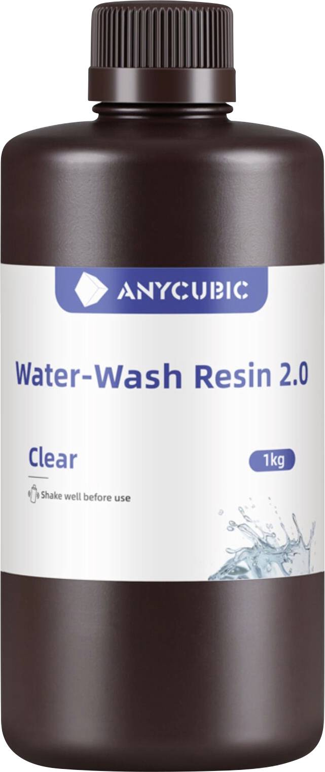 Flasche von Anycubic Water-Wash Resin 2.0, Transparent, 1 kg, mit weißem Etikett und blauem Logo.