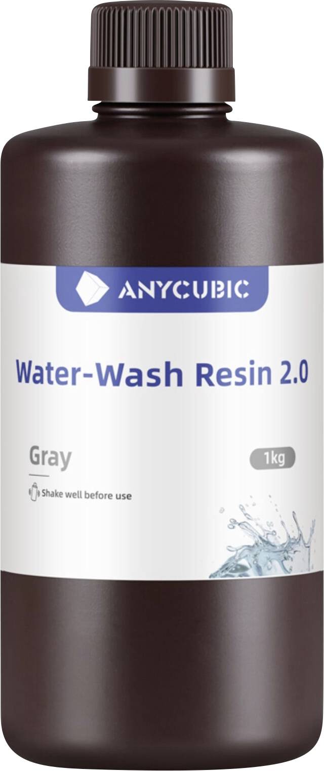 Flasche Anycubic Water-Wash Harz 2.0, grau, 1 kg, mit dunkelbraunem Verschluss und Etikett mit der Aufschrift „Vor Gebrauch gut schütteln