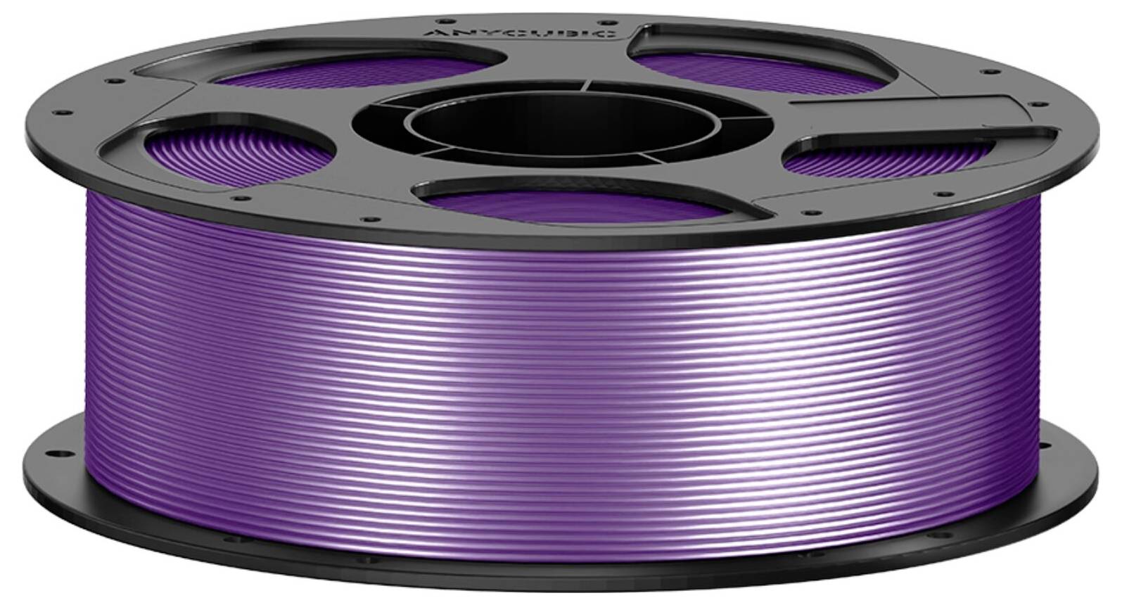Eine Spule violetten 3D-Druckfilaments auf einer schwarzen Spule aufgewickelt.