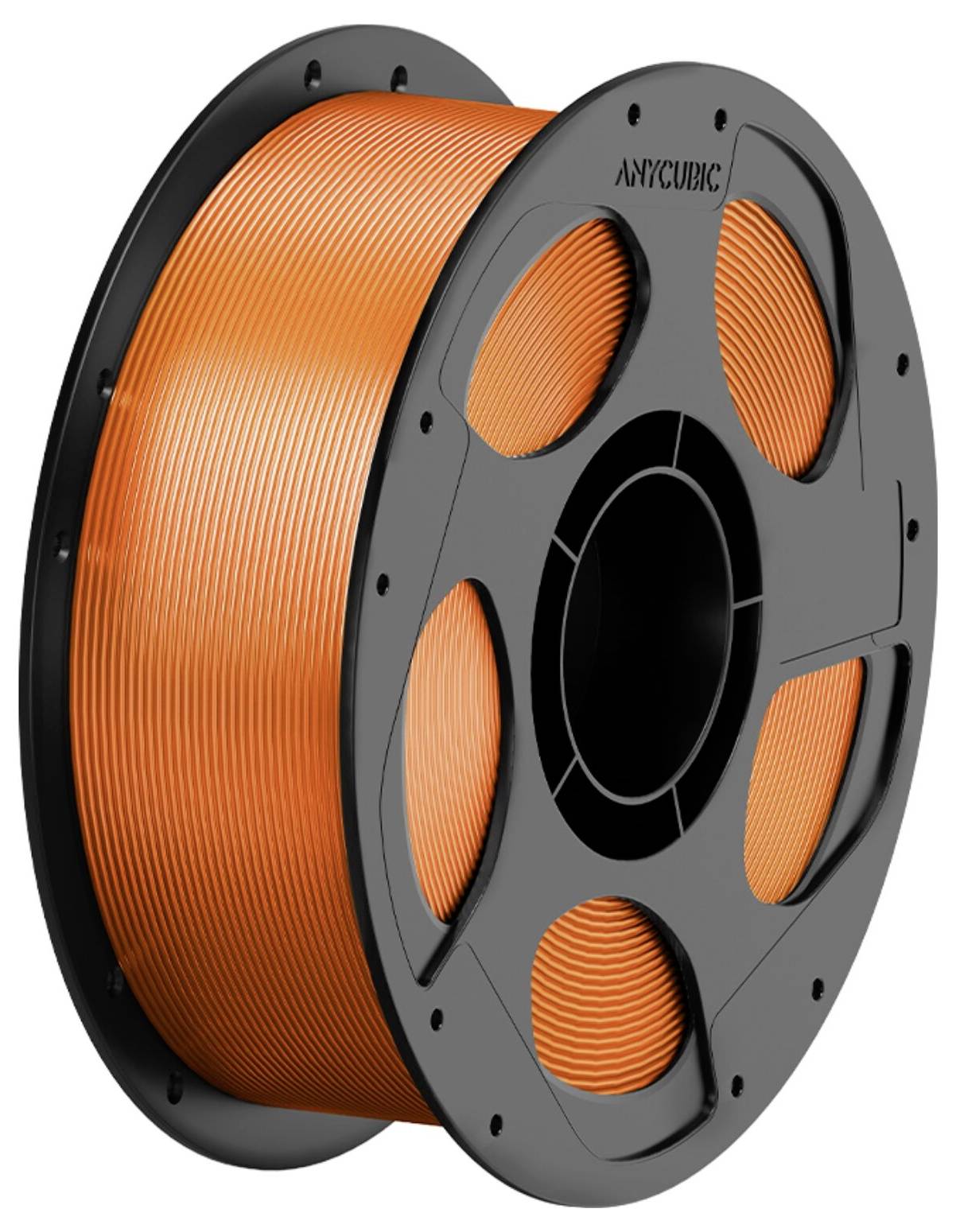 Spule mit orangefarbenem 3D-Druckfilament auf einer schwarzen Spule, beschriftet mit Anycubic.
