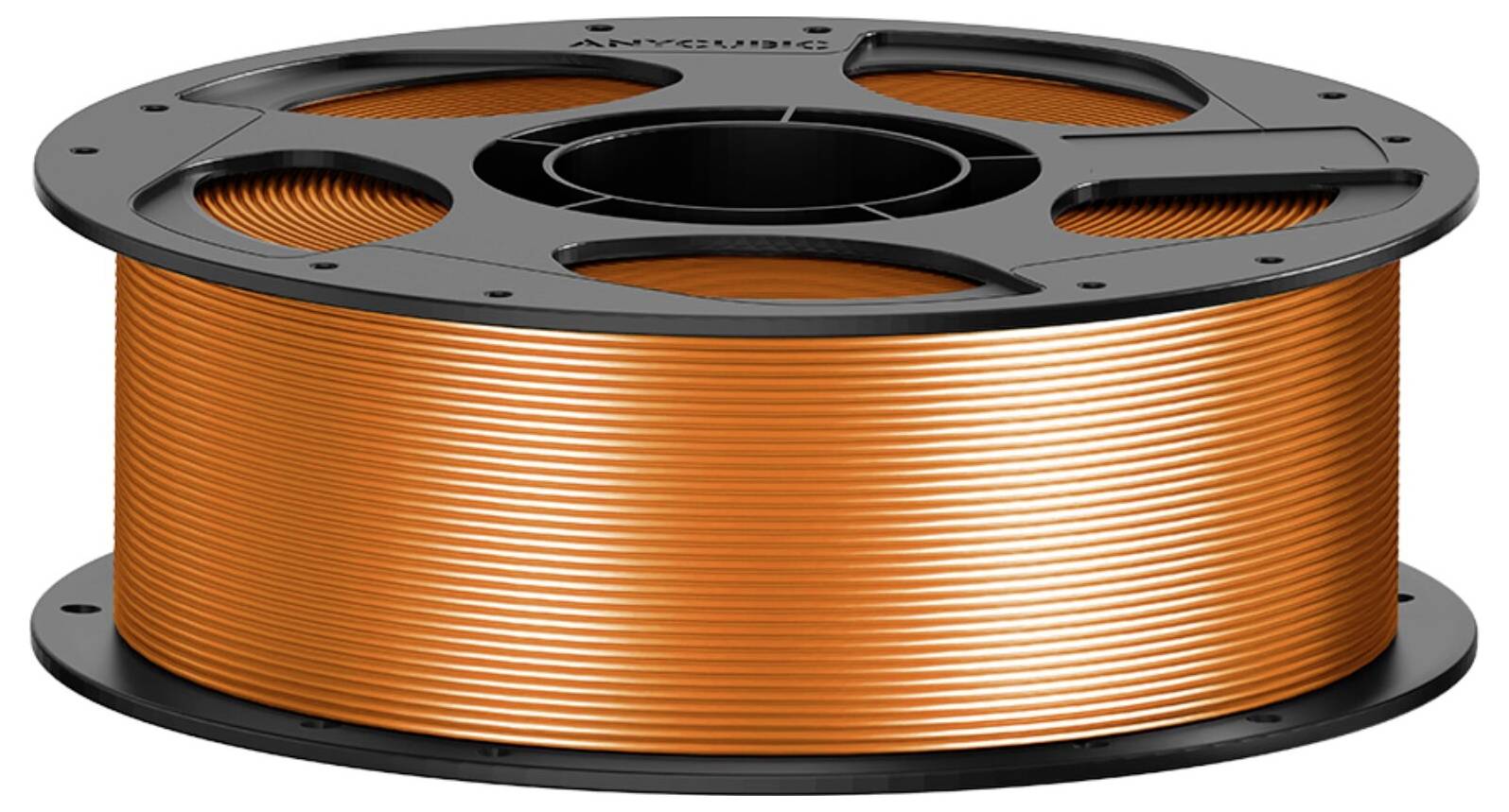 Spule mit orangefarbenem Filament oder Draht, aufgewickelt auf einer schwarzen Spule, in Nahaufnahme auf weißem Hintergrund dargestellt.