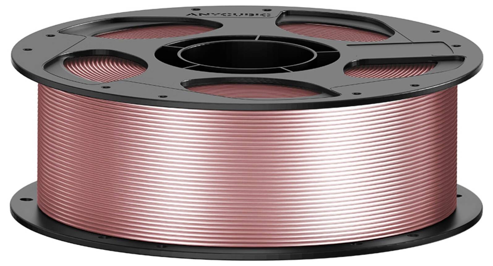 Eine Spule rosa Kupferdraht auf einer schwarzen Rolle aufgewickelt.